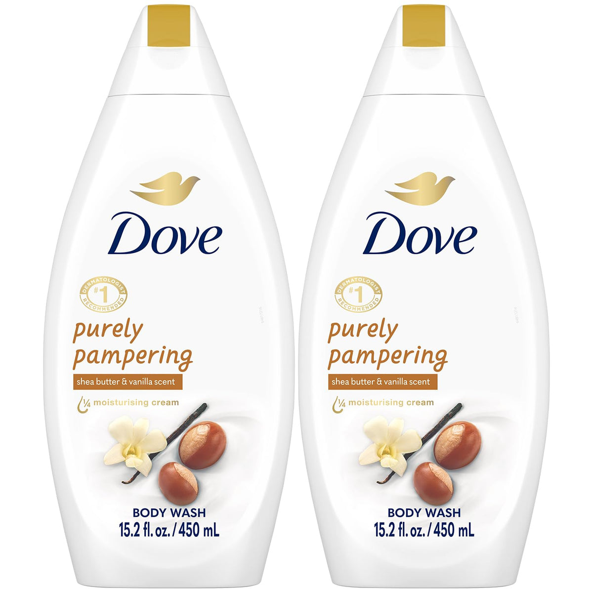 Dove Purely Pampering bottle in shower delivering hydrating cleanse with warm vanilla scent