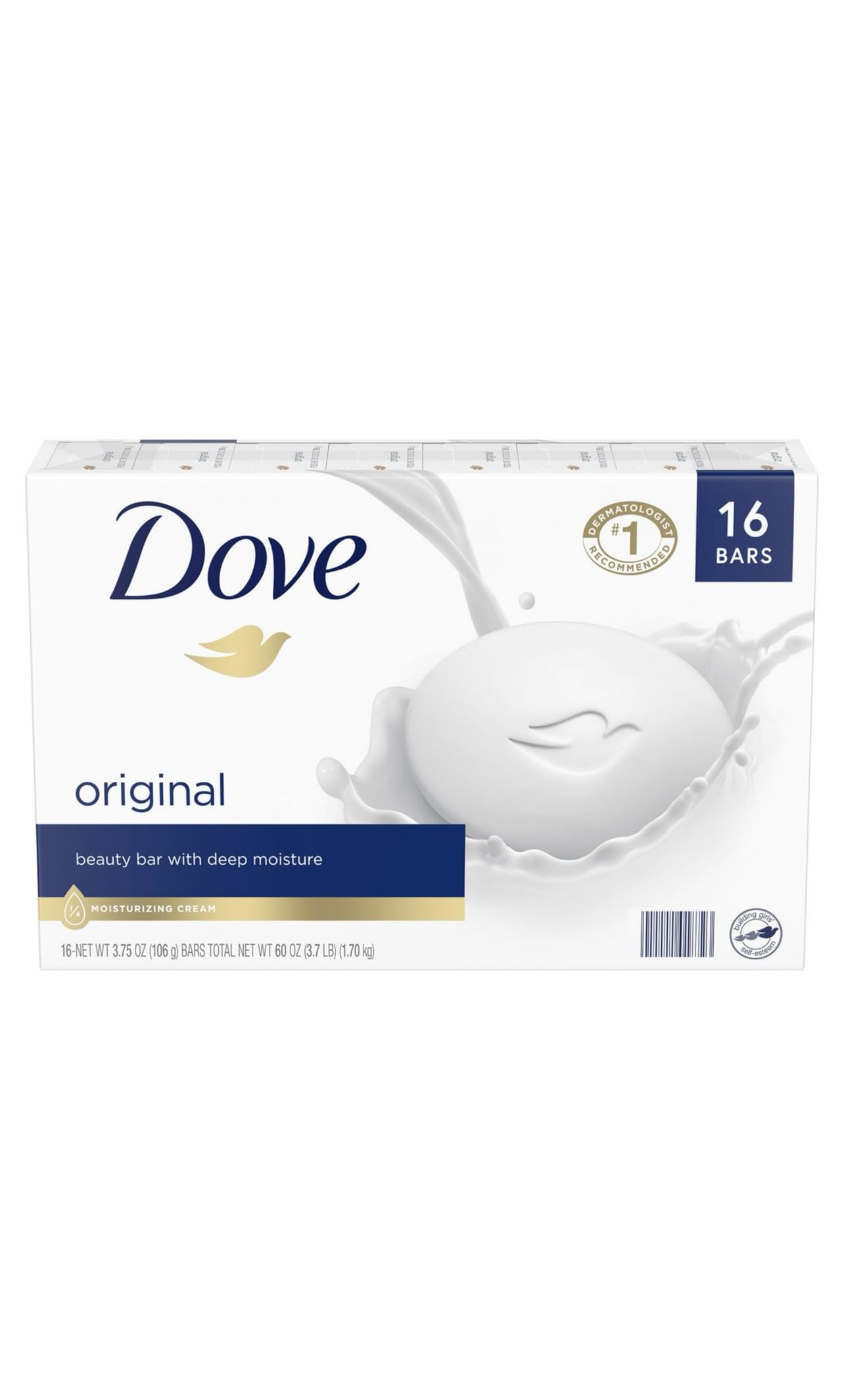 Savon Dove hydratant en paquet de 16 barres, hydratation quotidienne pour peau douce.