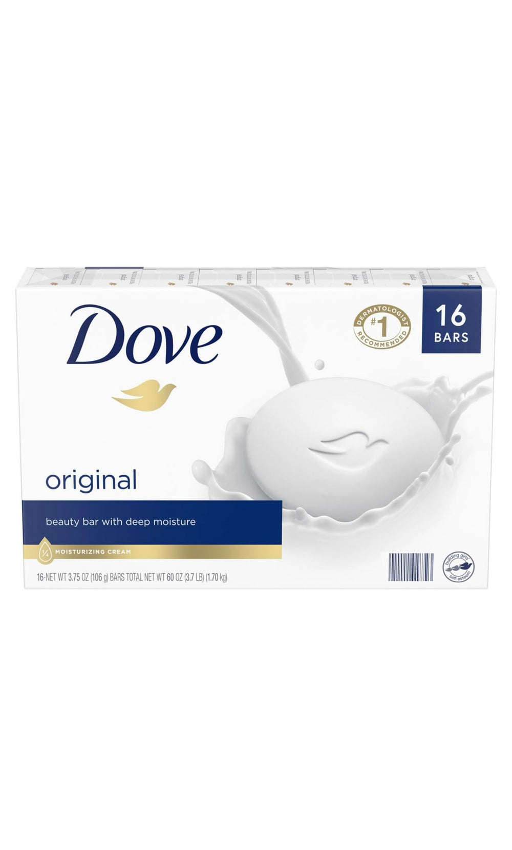 Savon Dove hydratant en paquet de 16 barres, hydratation quotidienne pour peau douce.