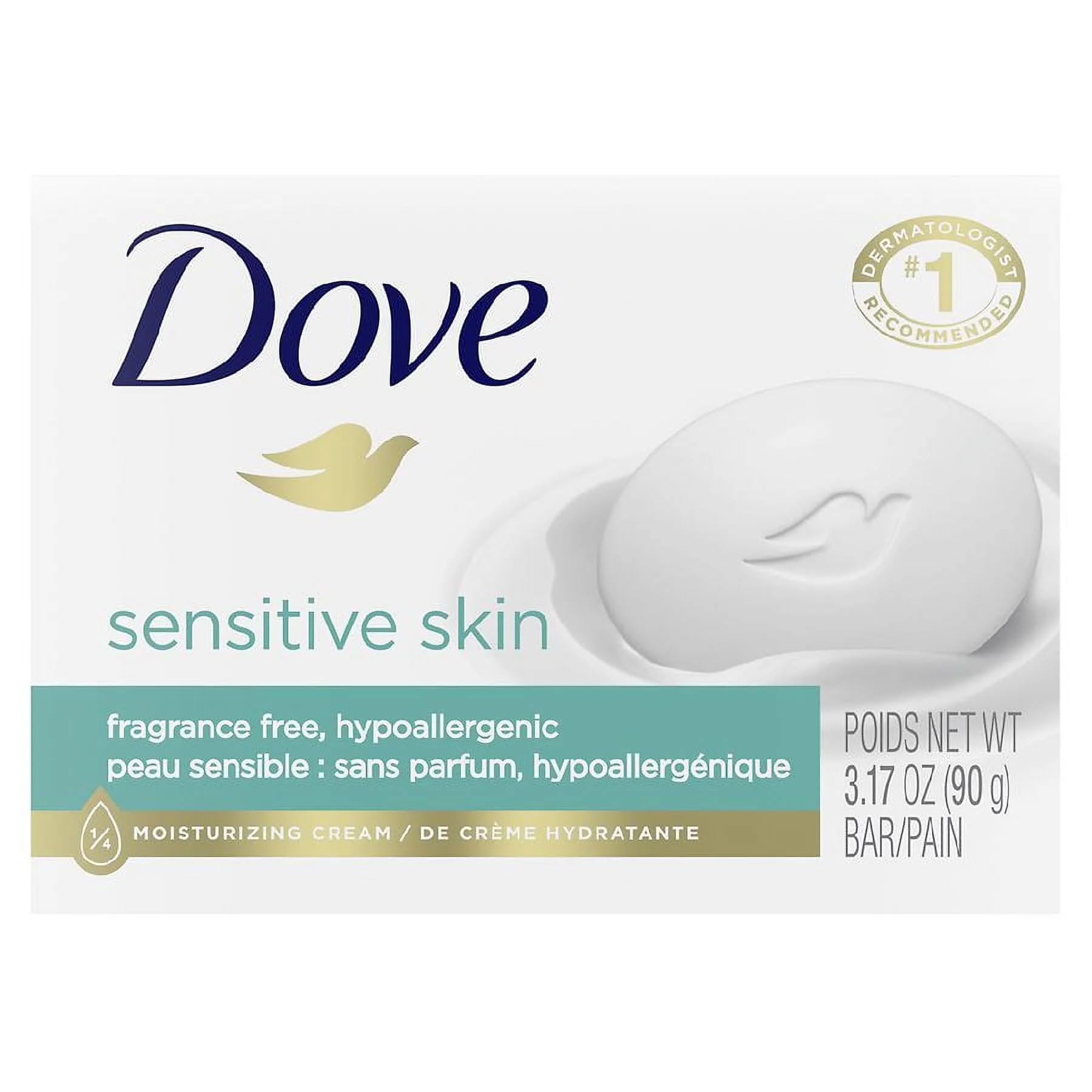 Dove Savon en barre pour peau sensible, gros plan sur la texture.
