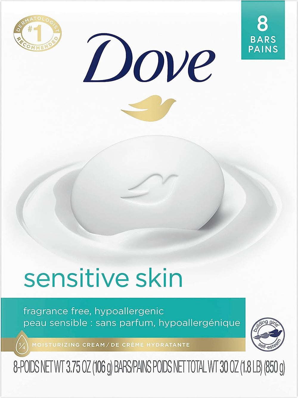 Dove Savon-barre pour peau sensible sans parfum, usage quotidien.