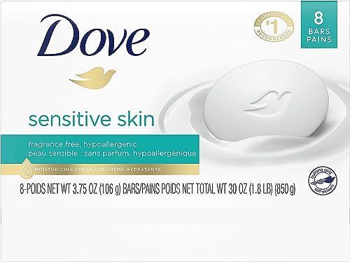 Savon-barre Dove pour peau sensible sans parfum, texture douce.