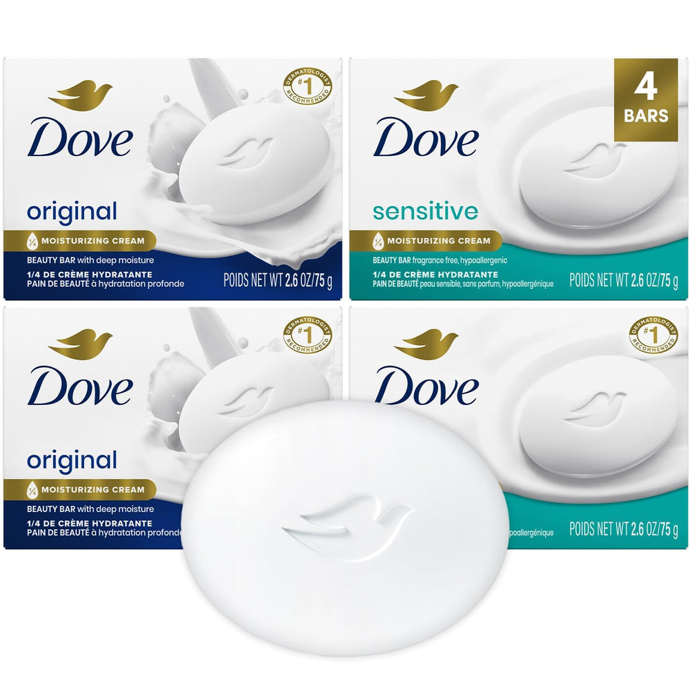 Dove Sensitive en barre, nettoyage doux sans parfum pour peaux sensibles.
