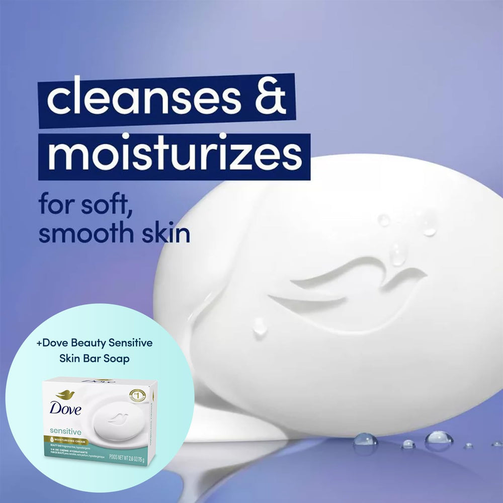 Dove Sensitive sans parfum, formule hypoallergénique pour peaux réactives.