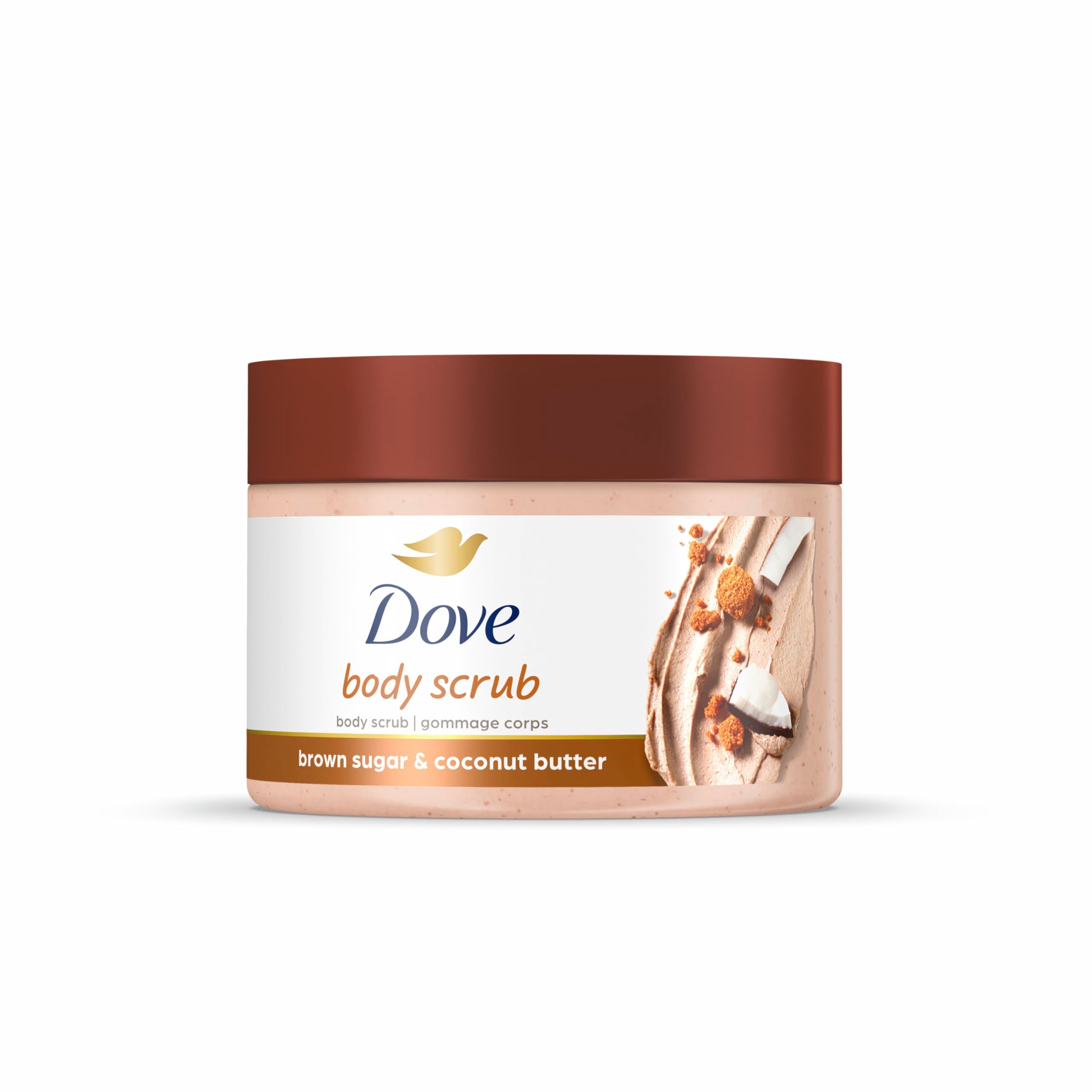 Dove Scrub au sucre brun et beurre de coco, pot visible, exfoliation douce