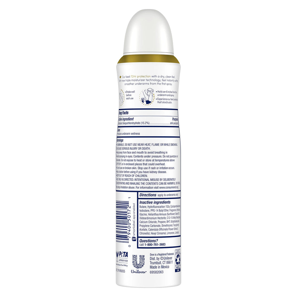Dove Secrets Nourrissants spray-sec quotidien, sans parfum, pour confort et protection.