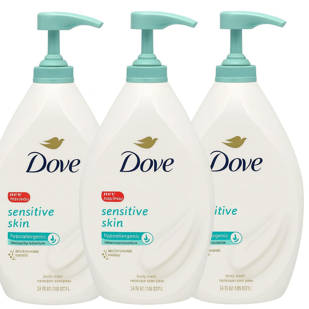 Dove Gel Douche Sensible avec Pompe, pack de 3, douceur et hydratation durable.