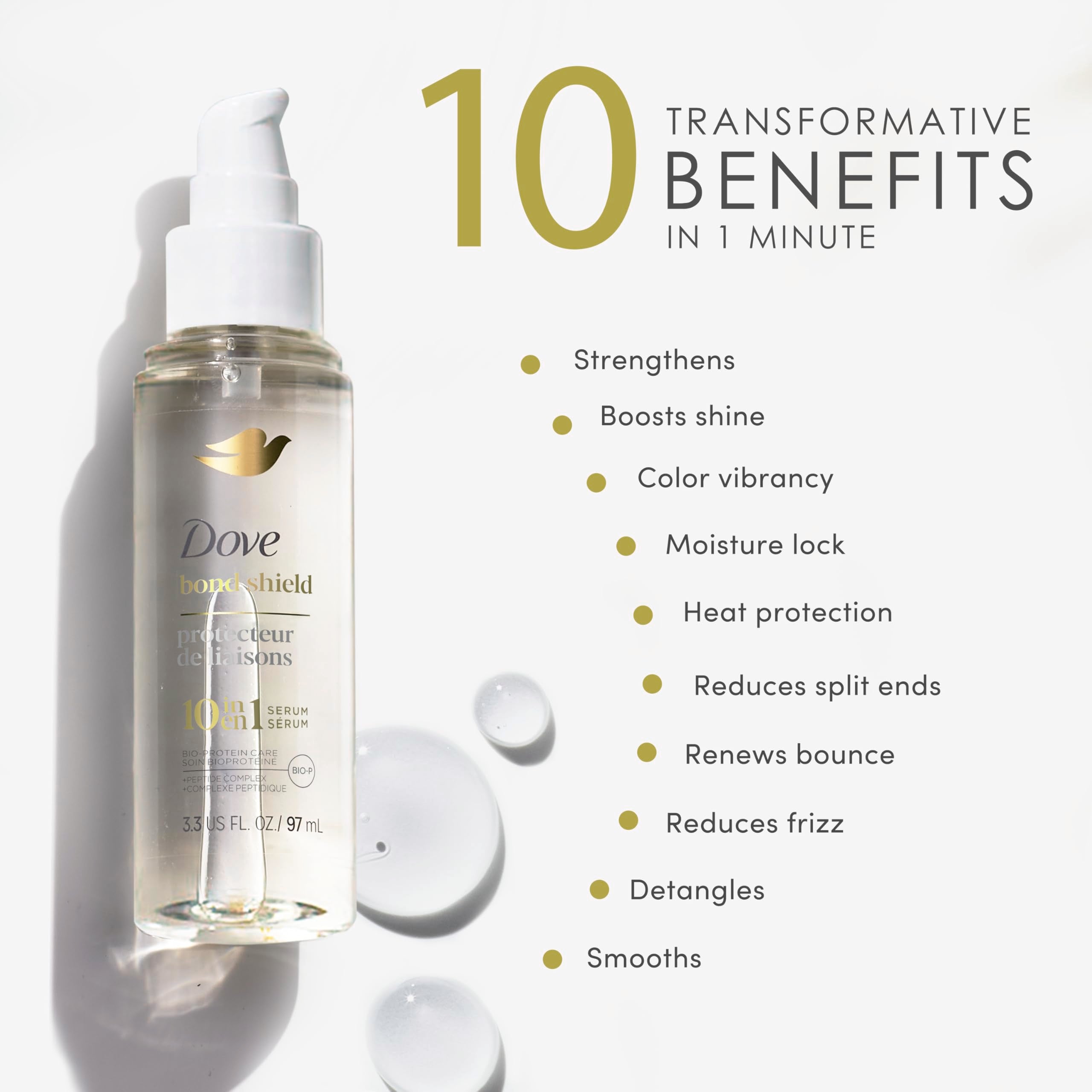 Application du sérum Dove Bond Strength sur cheveux humides pour longueurs renforcées.