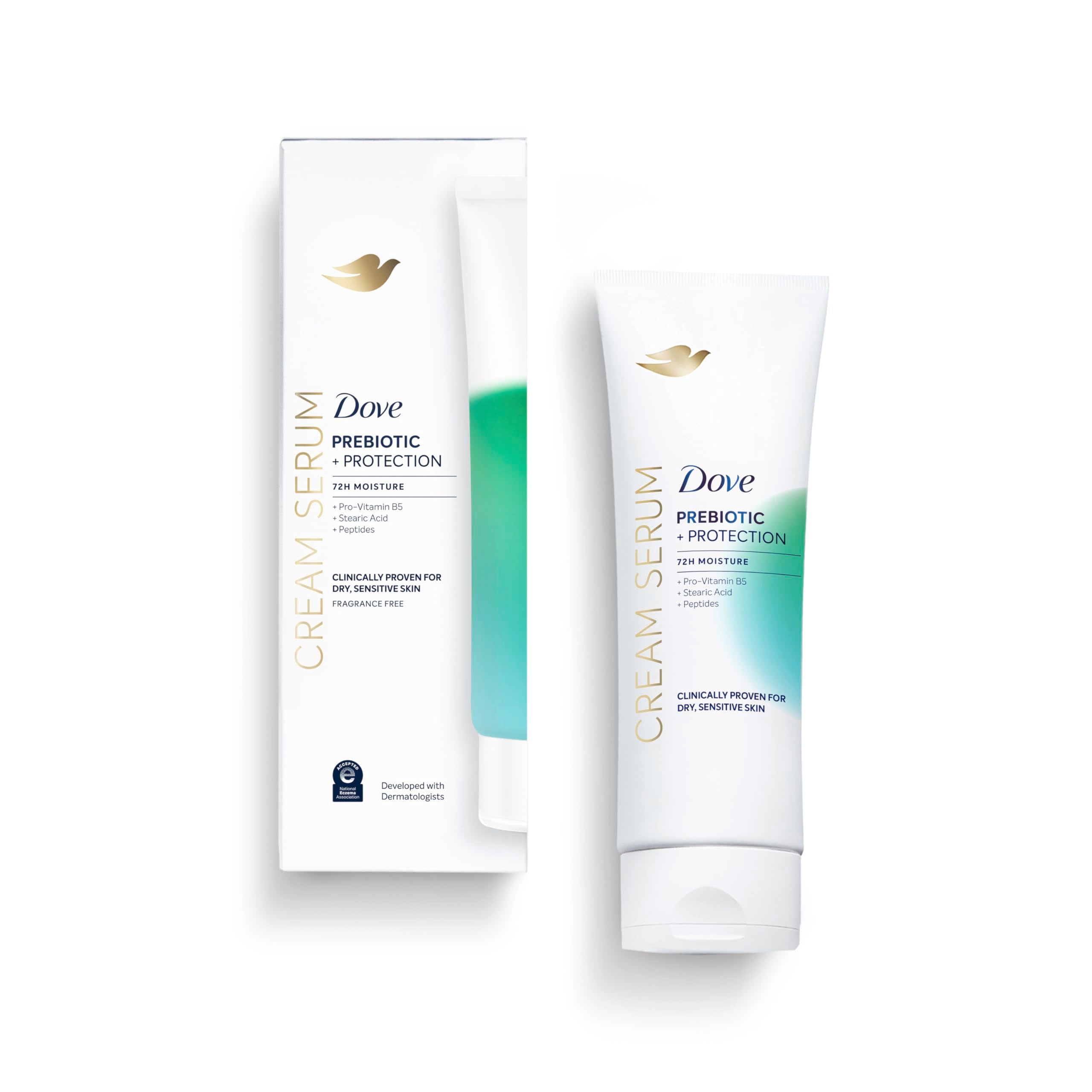 Sérum Crème Dove pour le corps avec prébiotique et protection sur flacon.
