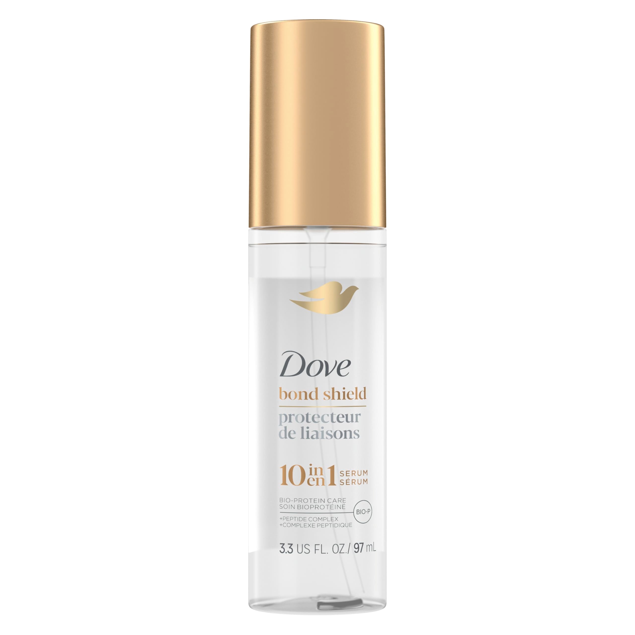 Sérum Bond Strength de Dove avec pompe, cheveux plus forts après usage.
