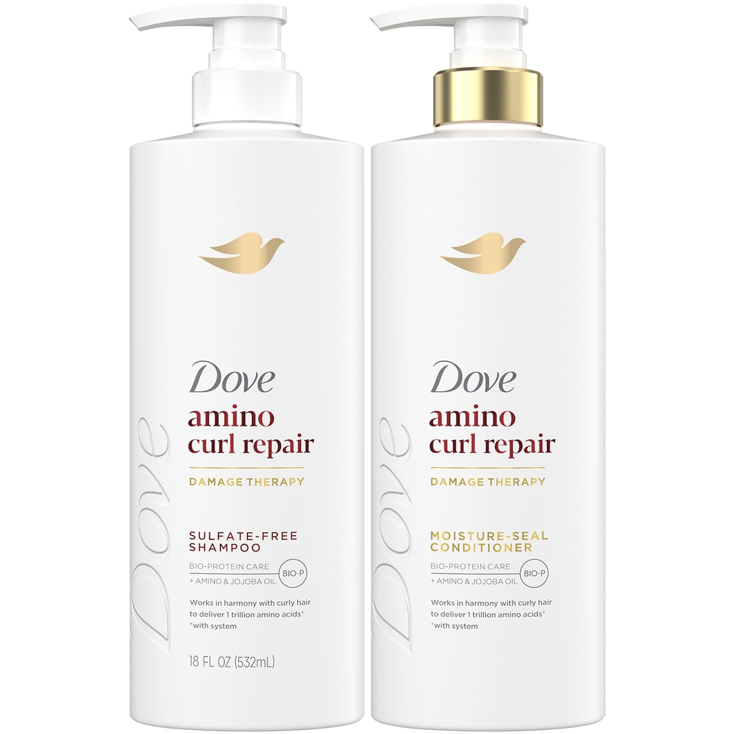 Dove Shampoing et Après-shampoing Amino Curl Repair pour boucles revitalisées et définies.