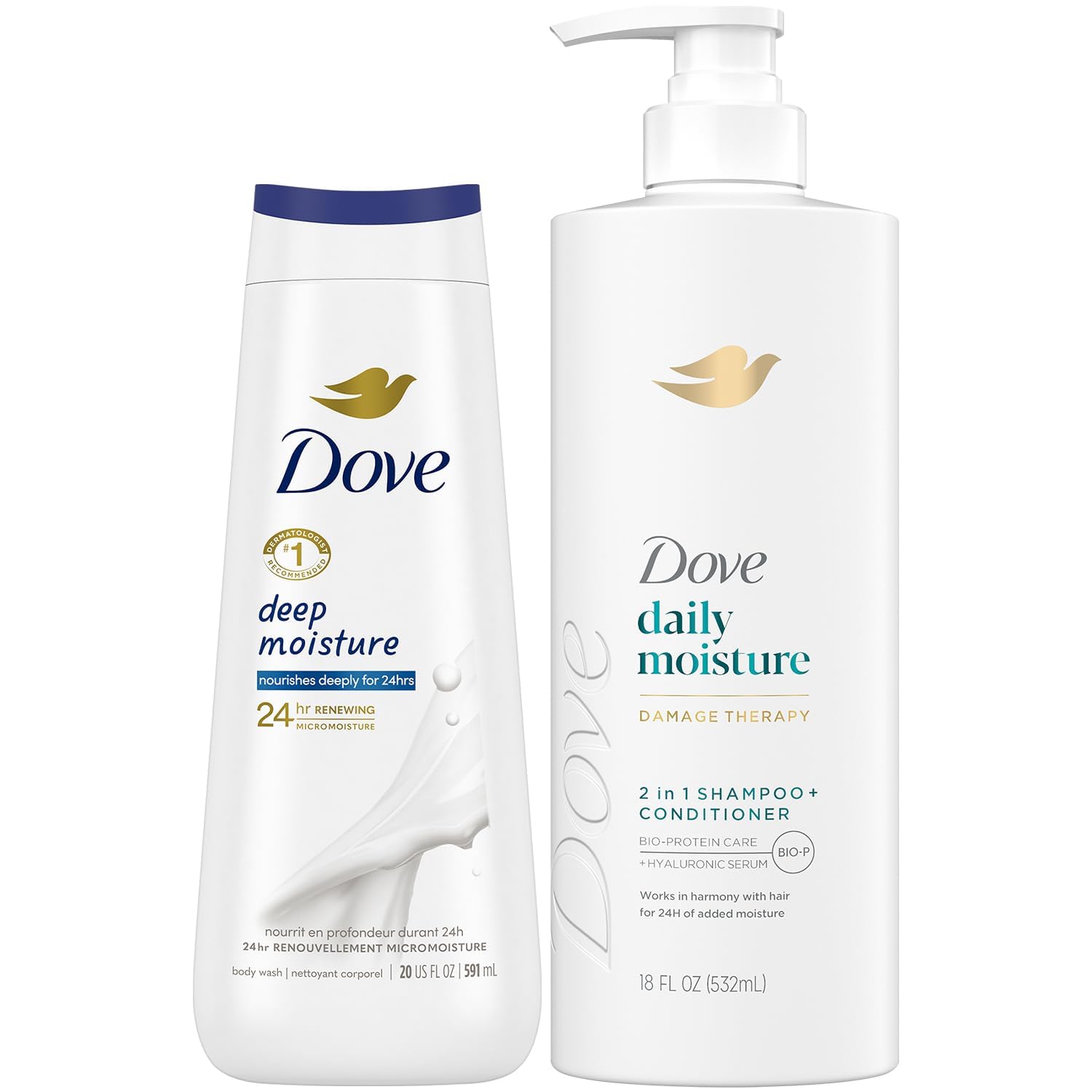 Shampoing et après-shampoing 2-en-1 Dove Daily Moisture, cheveux doux et démêlés facilités.