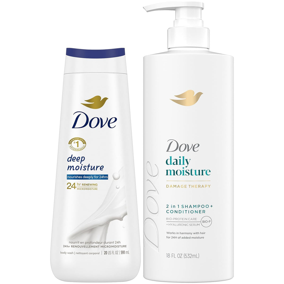 Shampoing et après-shampoing 2-en-1 Dove Daily Moisture, cheveux doux et démêlés facilités.