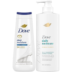 Shampoing et après-shampoing 2-en-1 Dove Daily Moisture, cheveux doux et démêlés facilités.