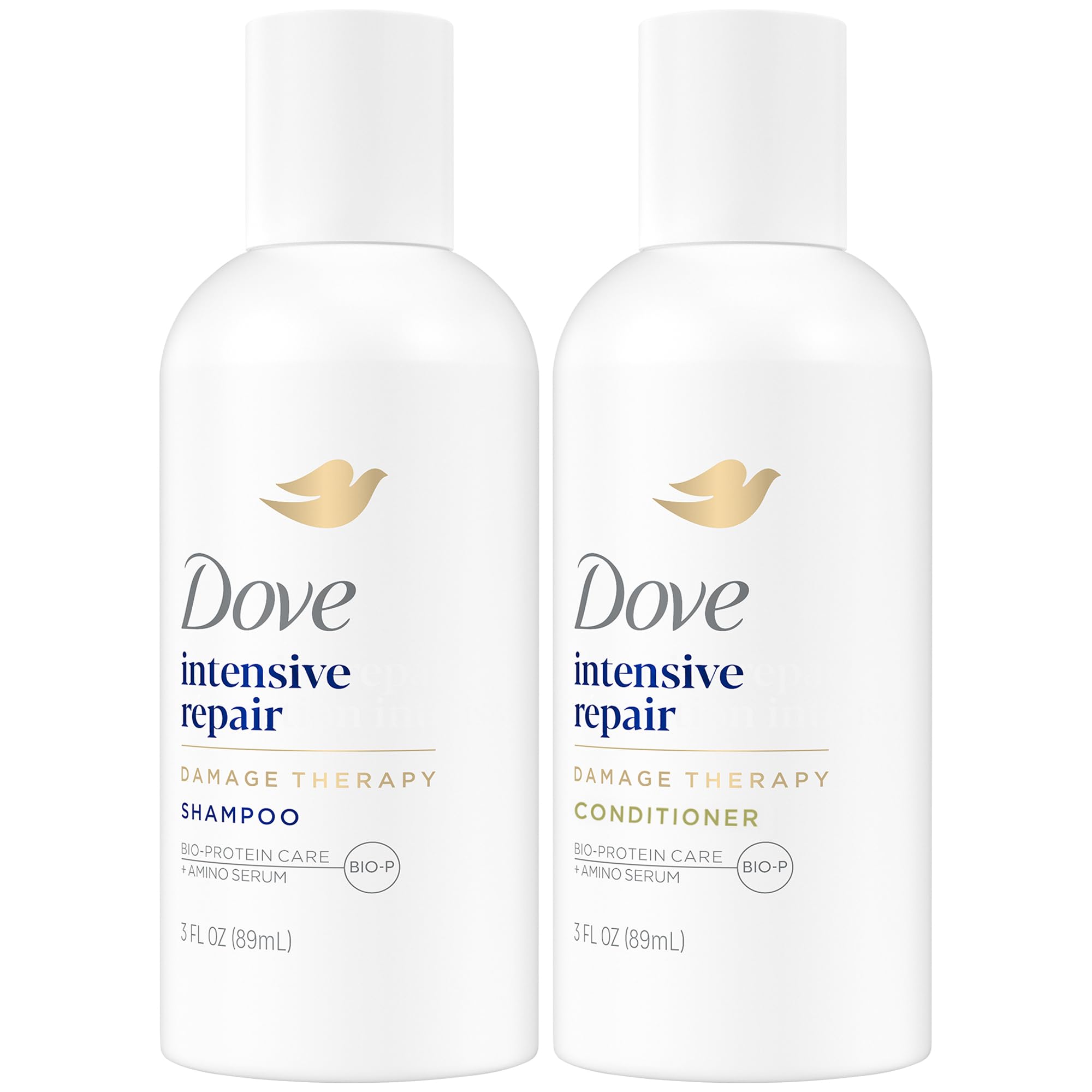Shampoing Dove Travel en bouteille compacte, hydratation douce pour cheveux abîmés.