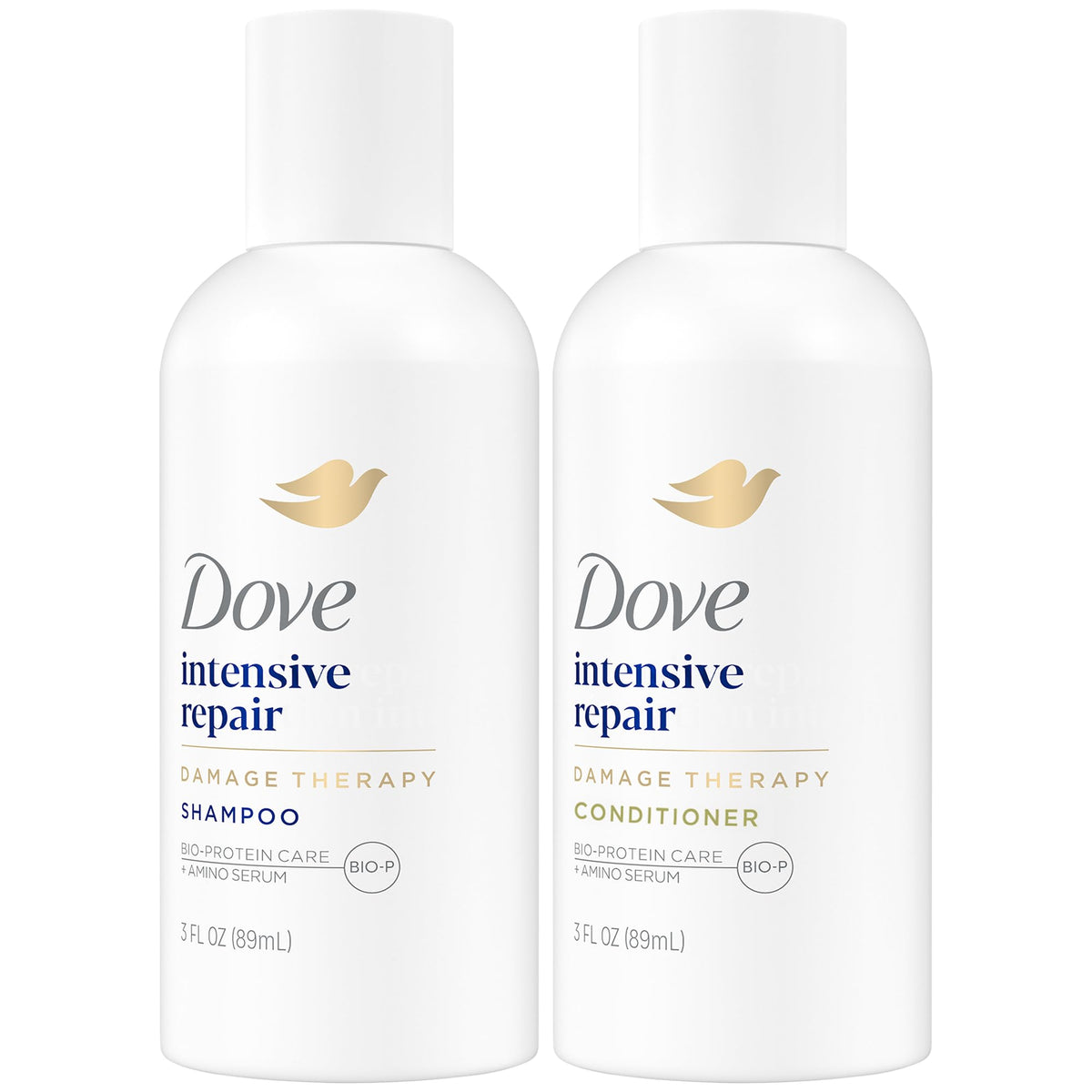 Shampoing Dove Travel en bouteille compacte, hydratation douce pour cheveux abîmés.