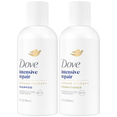 Shampoing Dove Travel en bouteille compacte, hydratation douce pour cheveux abîmés.