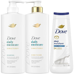 Shampooing quotidien hydratant Dove, bouteille prête à démêler les cheveux pour une douceur durable.