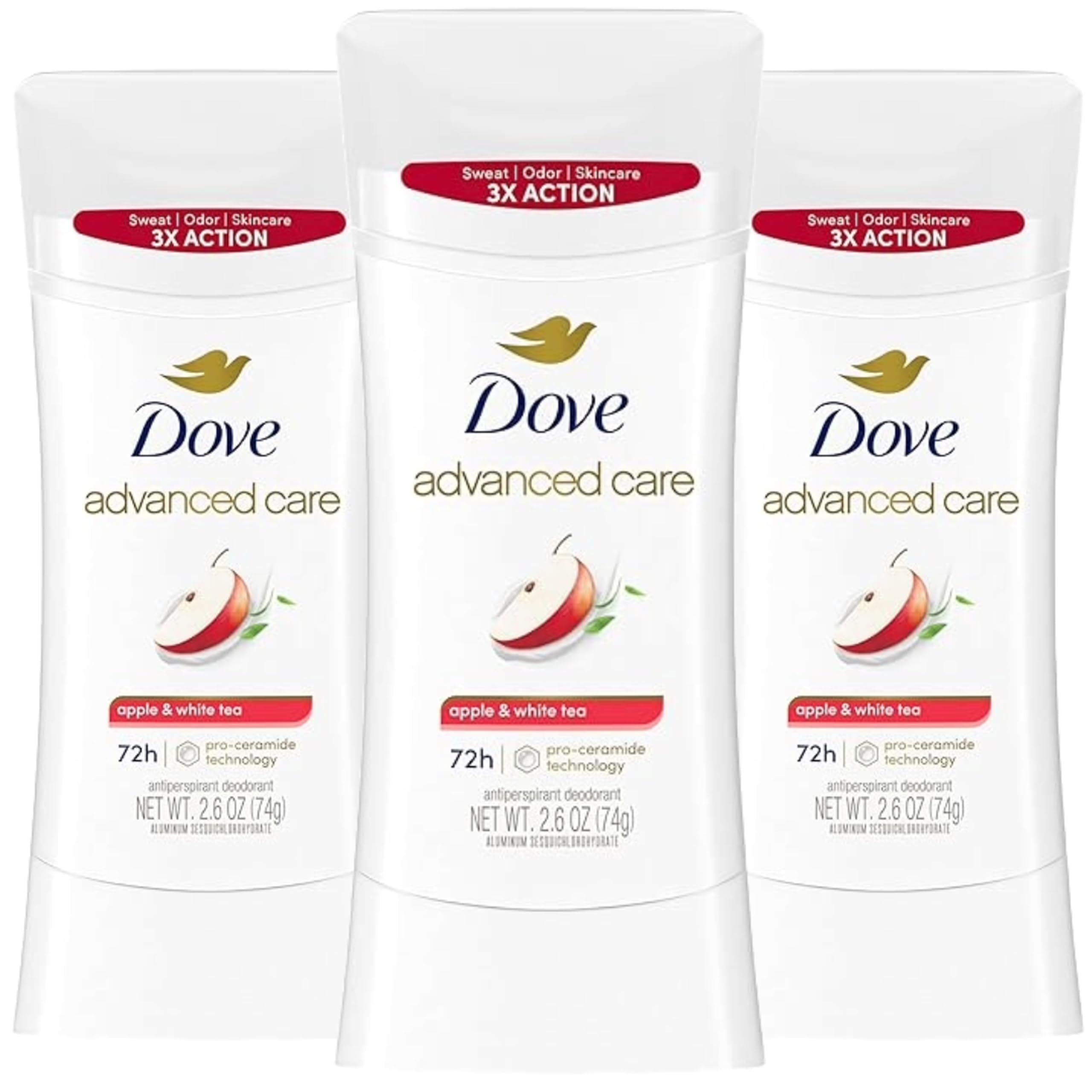 Dove Soin Avancé Déodorant en bâton, parfum pomme-thé-blanc délicat et hydratant.