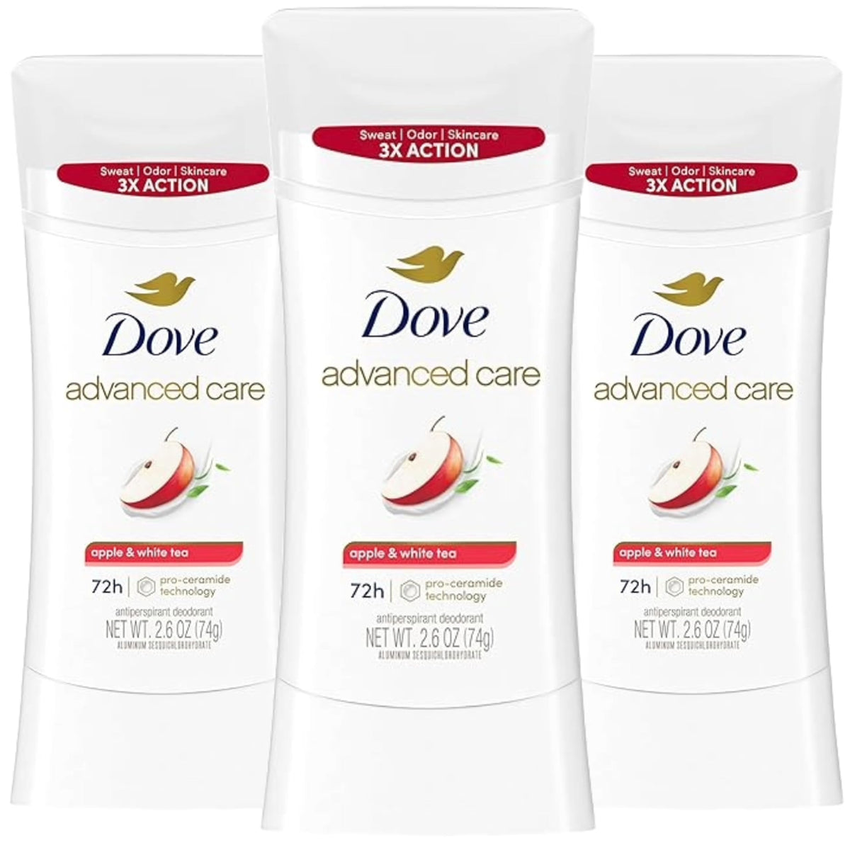 Dove Soin Avancé Déodorant en bâton, parfum pomme-thé-blanc délicat et hydratant.