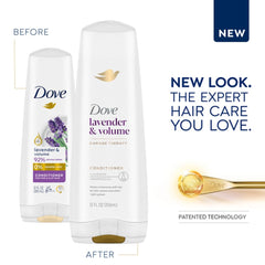 Texture crèmeuse Dove avec parfum délicat sur cheveux lavés.