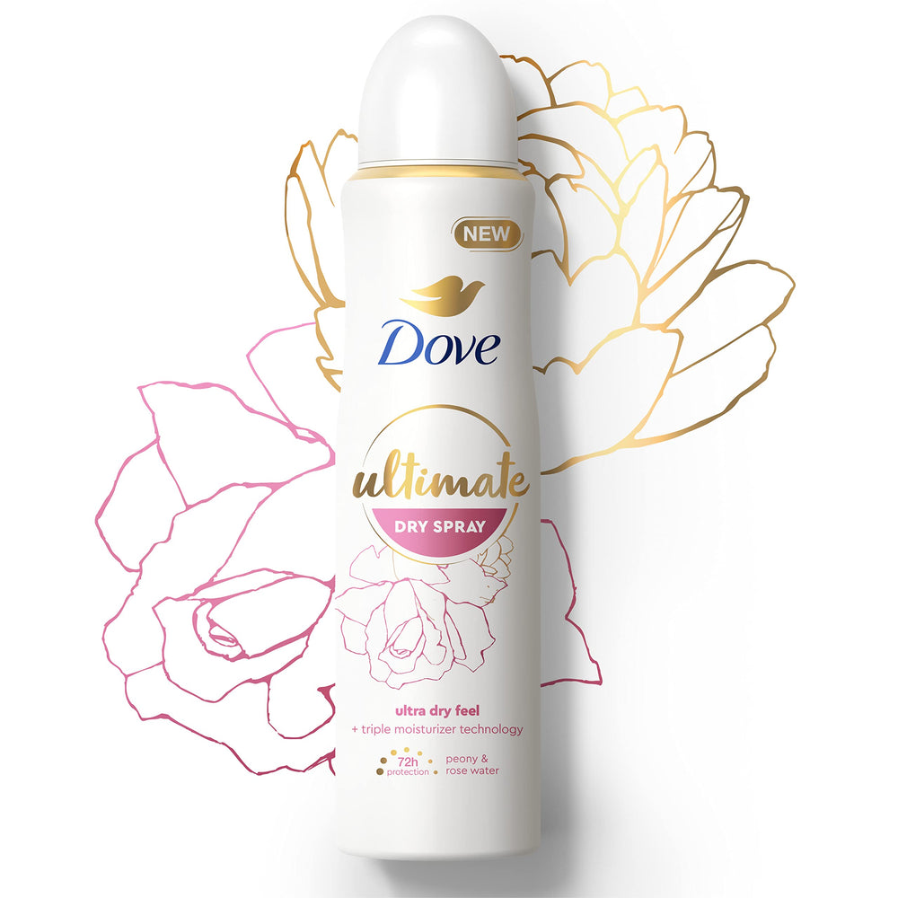 Dove Ultimate Dry Spray, dermatologiquement testé pour douceur cutanée.