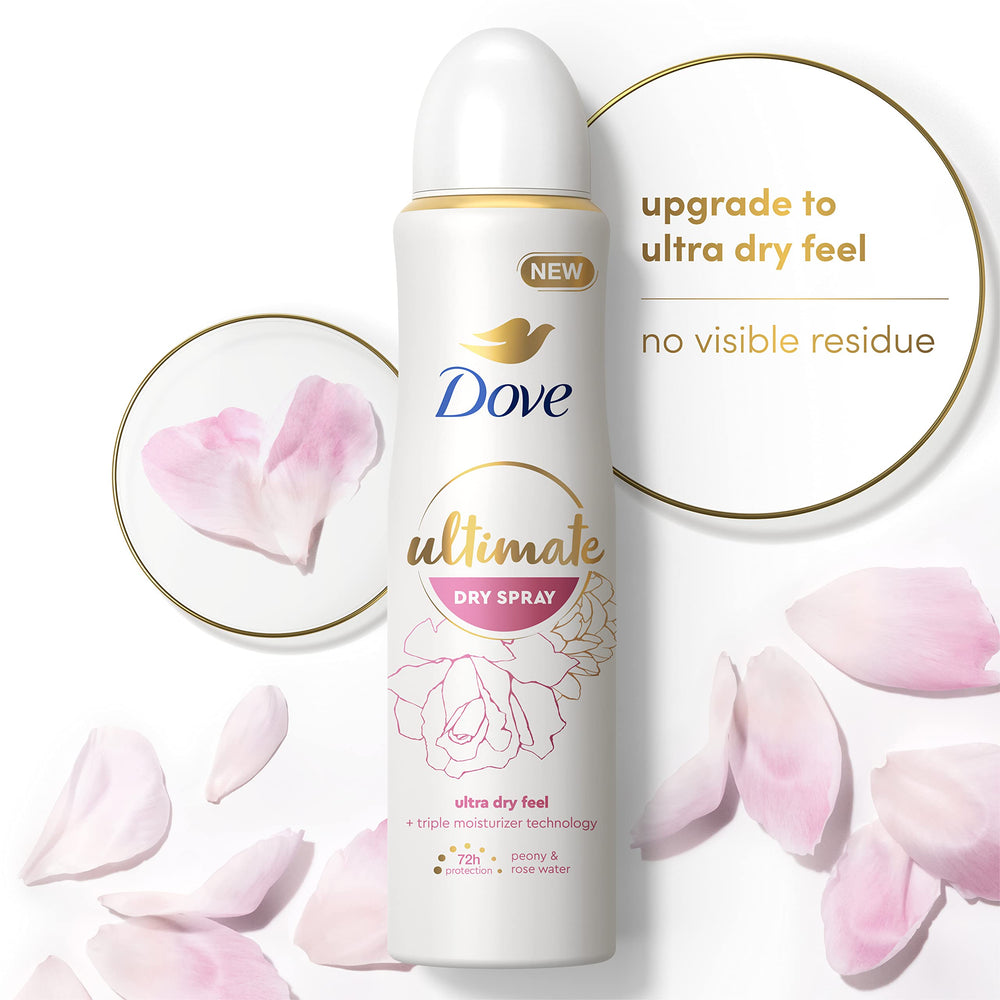 Dove Ultimate Dry Spray, parfum rose et pivoine pour une sensation agréable.