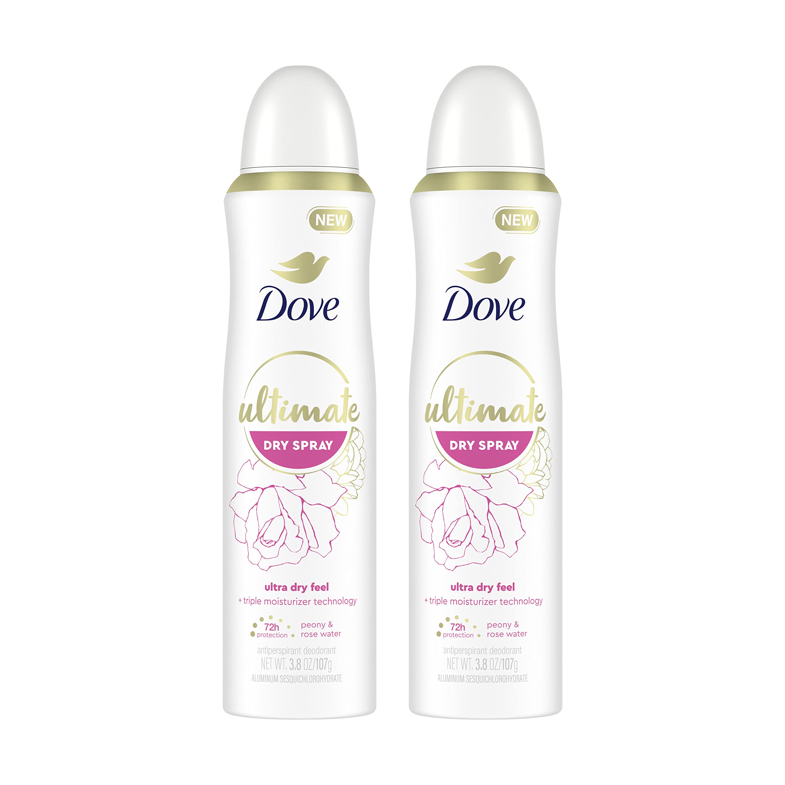 Dove Ultimate Dry Spray Pivoine et Rose, flacon élégant et parfum durable.