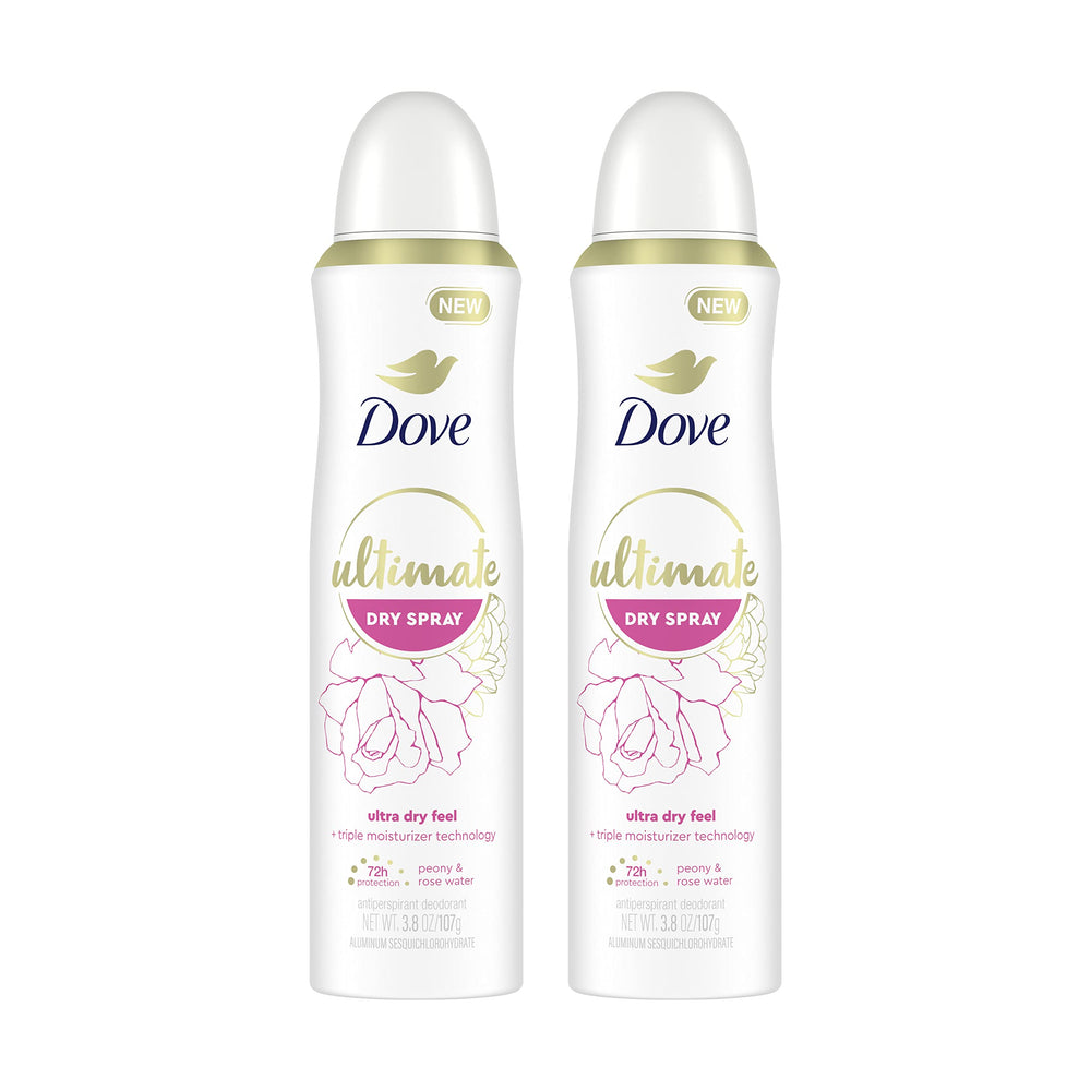 Dove Ultimate Dry Spray Pivoine et Rose, flacon élégant et parfum durable.