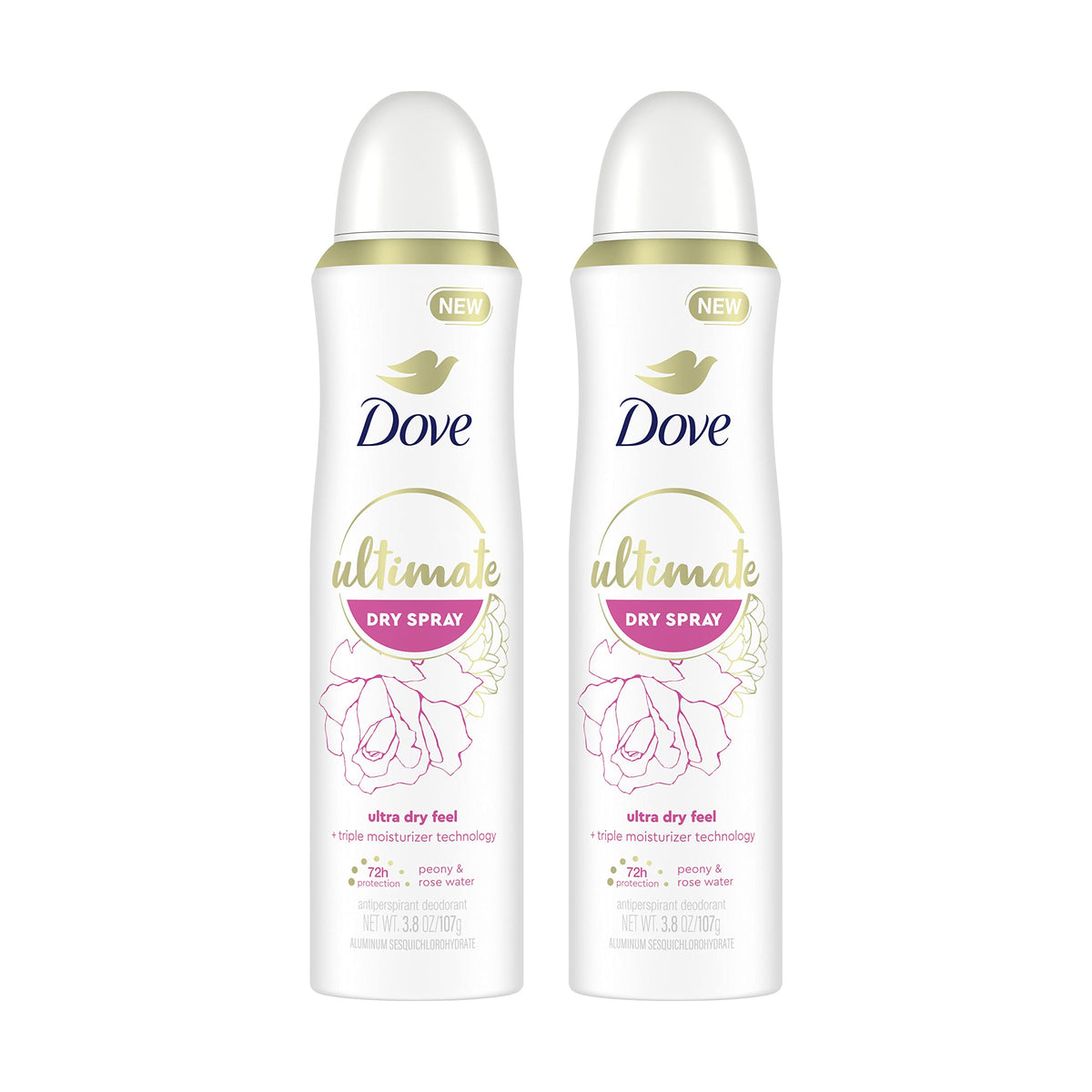 Dove Ultimate Dry Spray Pivoine et Rose, flacon élégant et parfum durable.