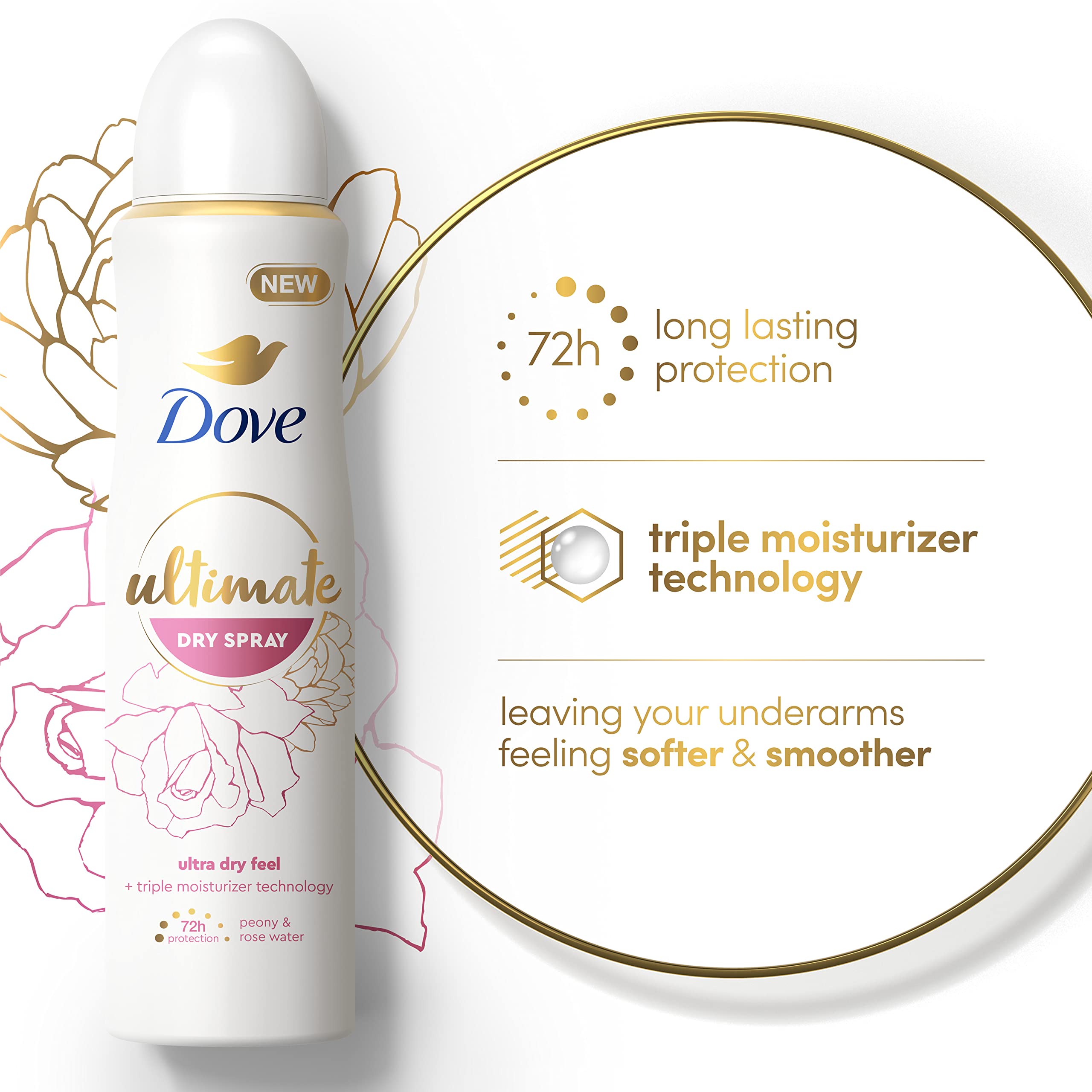 Dove Ultimate Dry Spray, calendula et vitamine E pour douceur.