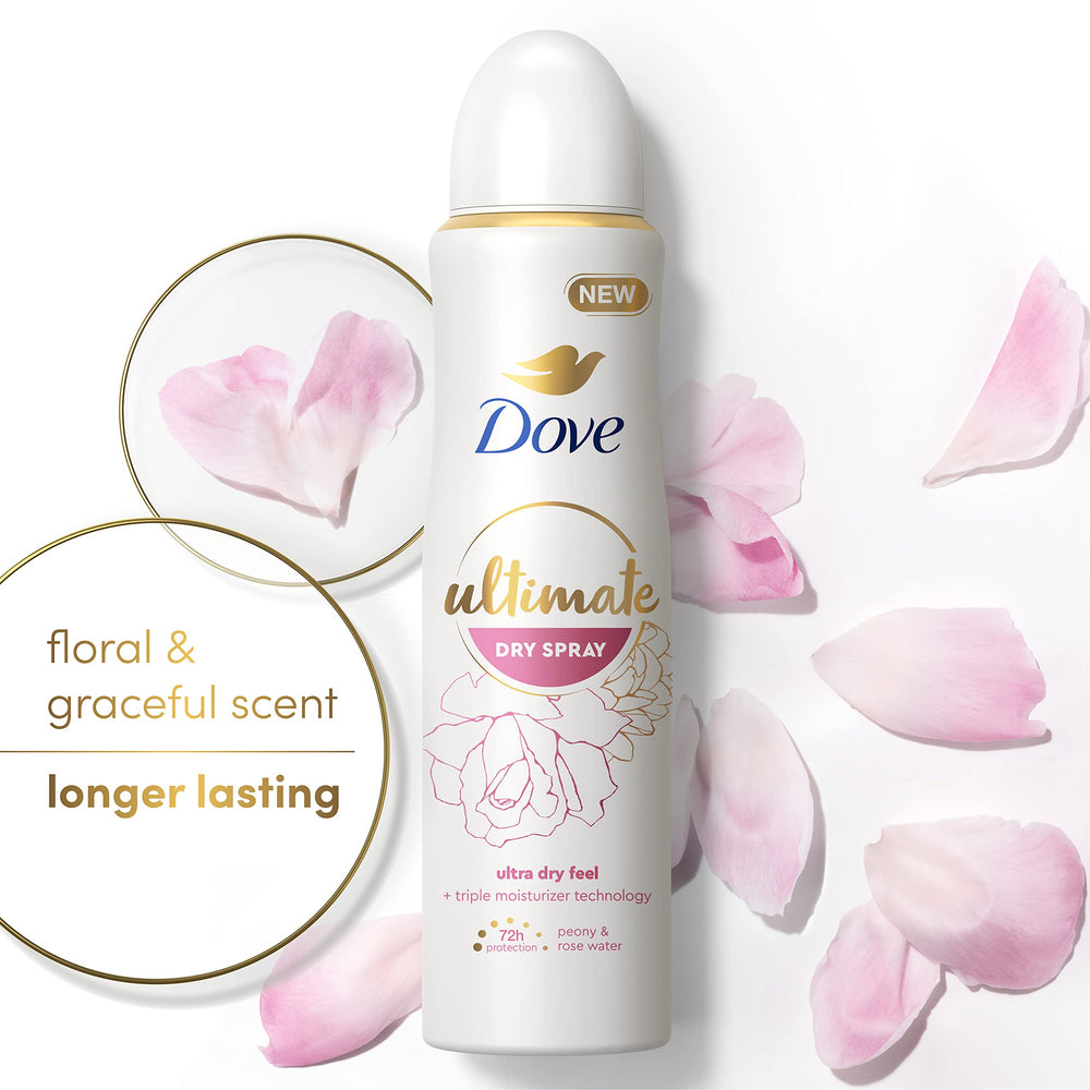 Dove Ultimate Dry Spray, formulation triple hydratation avec huile de tournesol.