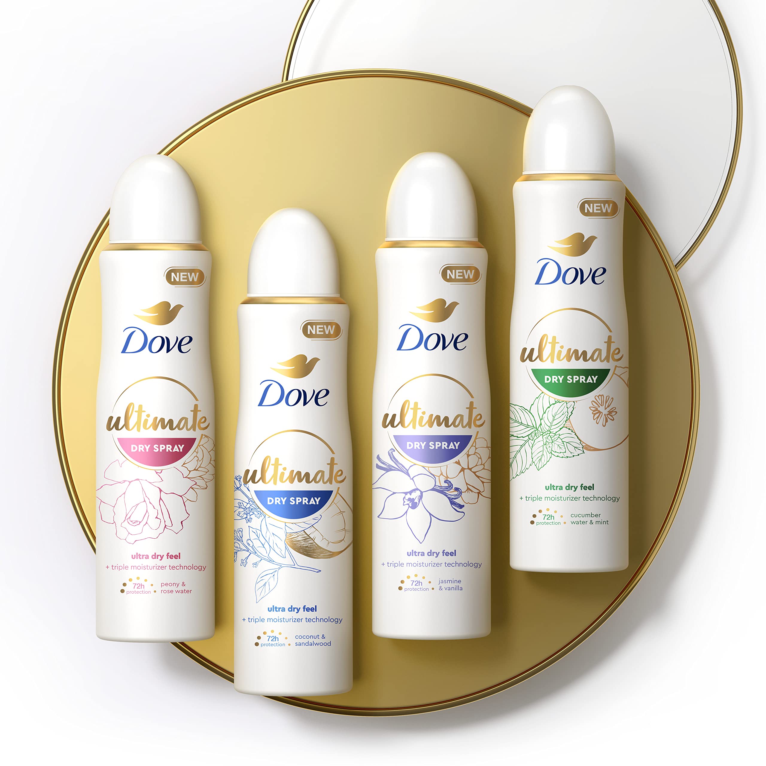 Dove Ultimate Dry Spray, parfum rose et pivoine pour une sensation agréable.