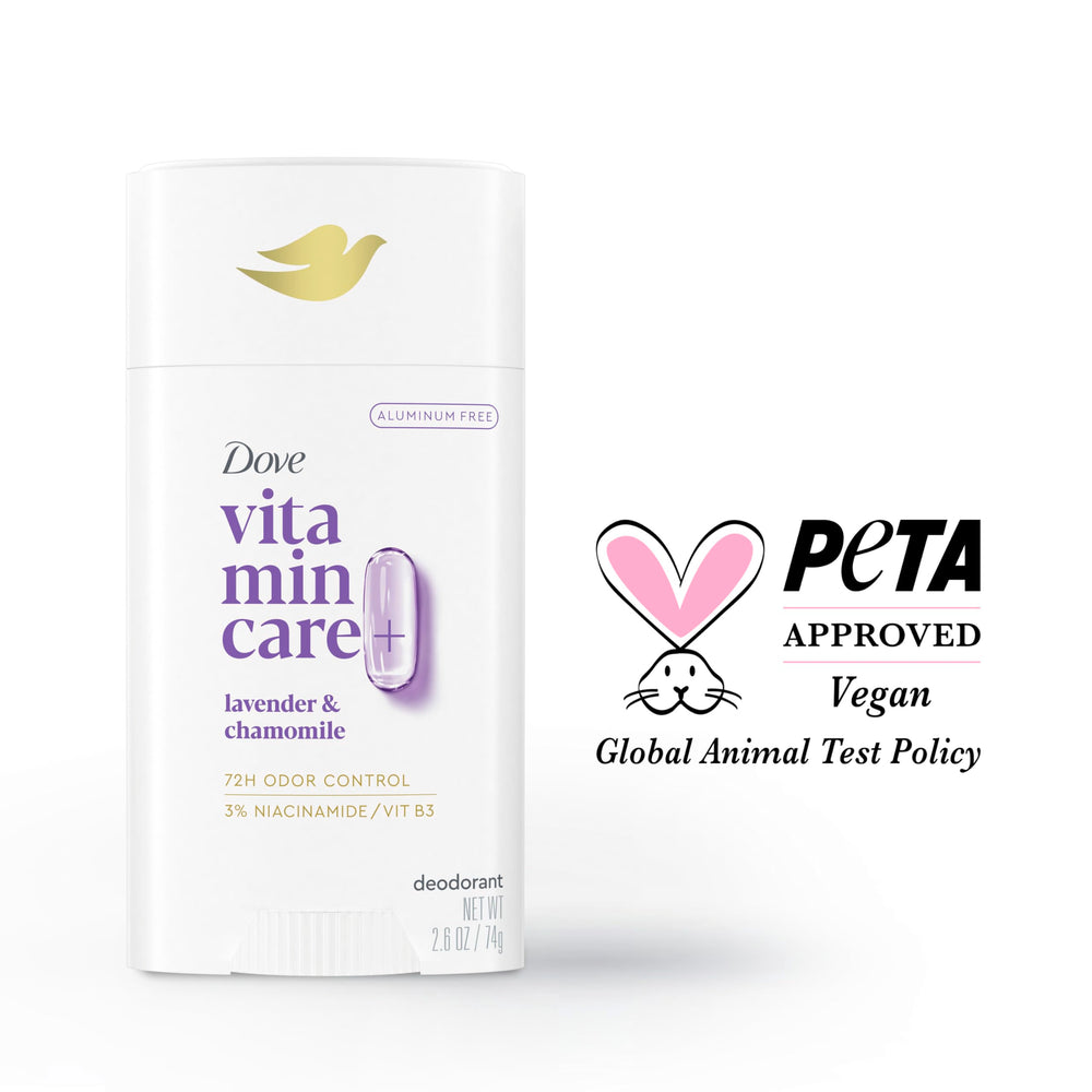 Dove VitaminCare+ promet 72h de protection des odeurs sans aluminium.