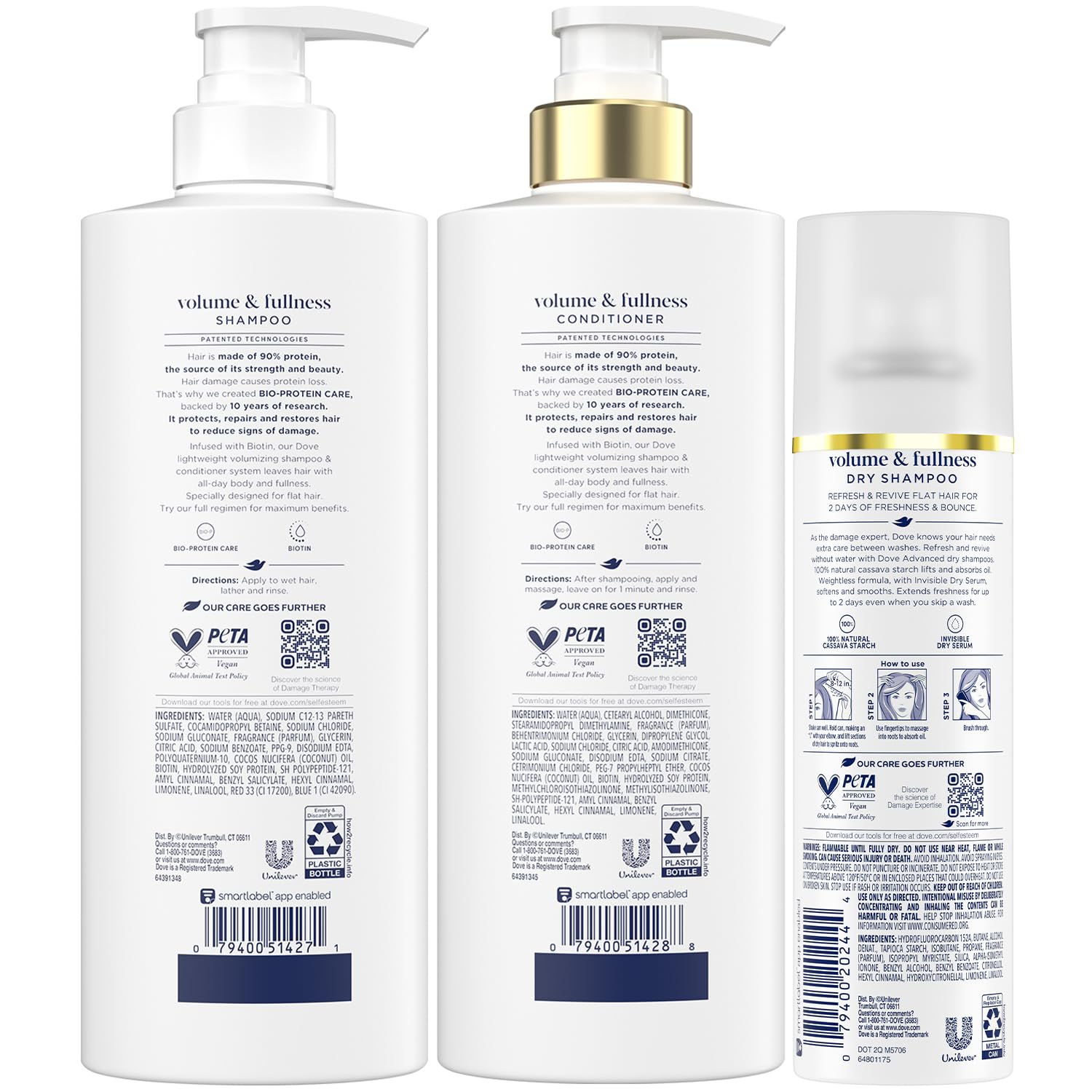 Dove apres-shampoing Volume et Plénitude, bouteille, apporte souplesse et épaisseur.