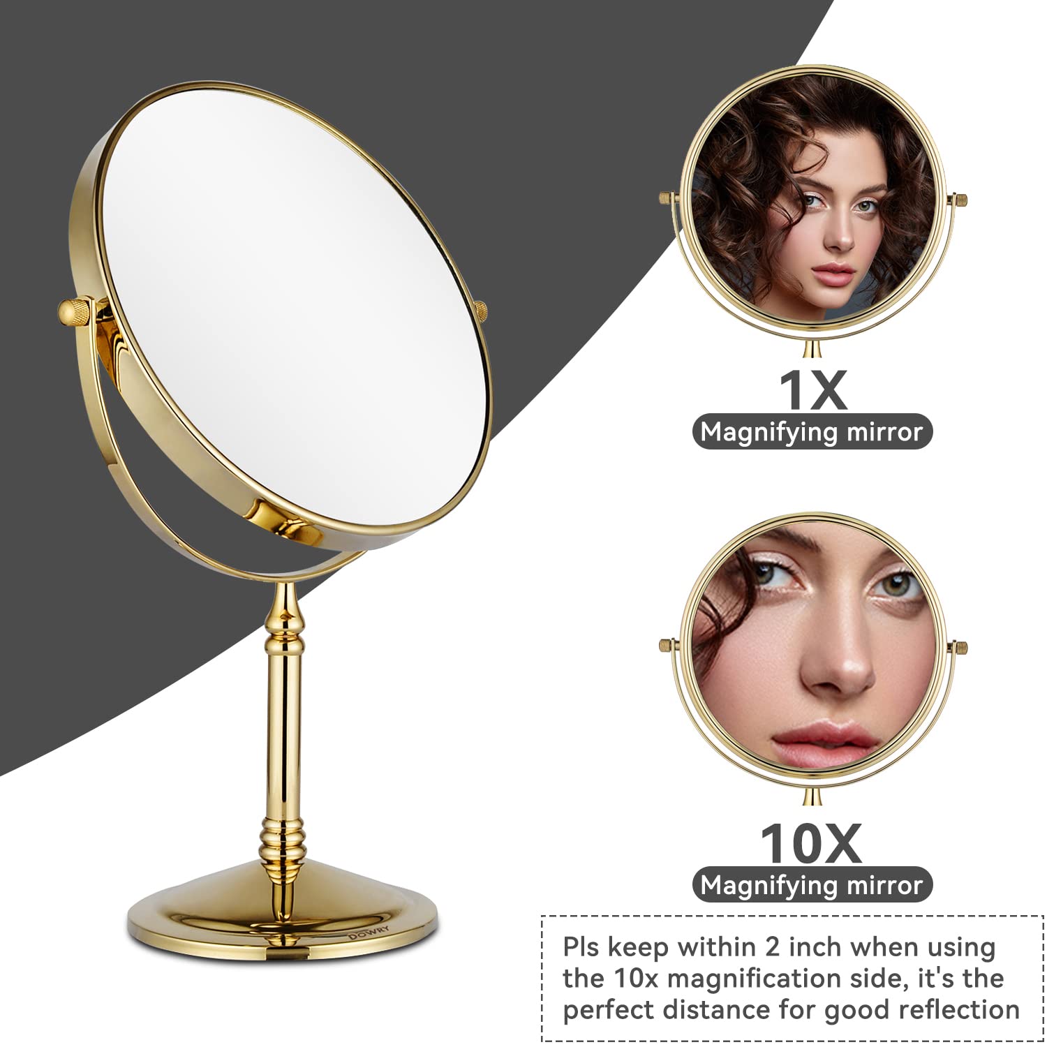 Miroir DOWRY 1x et 10x offre une vue claire pour les détails du teint.