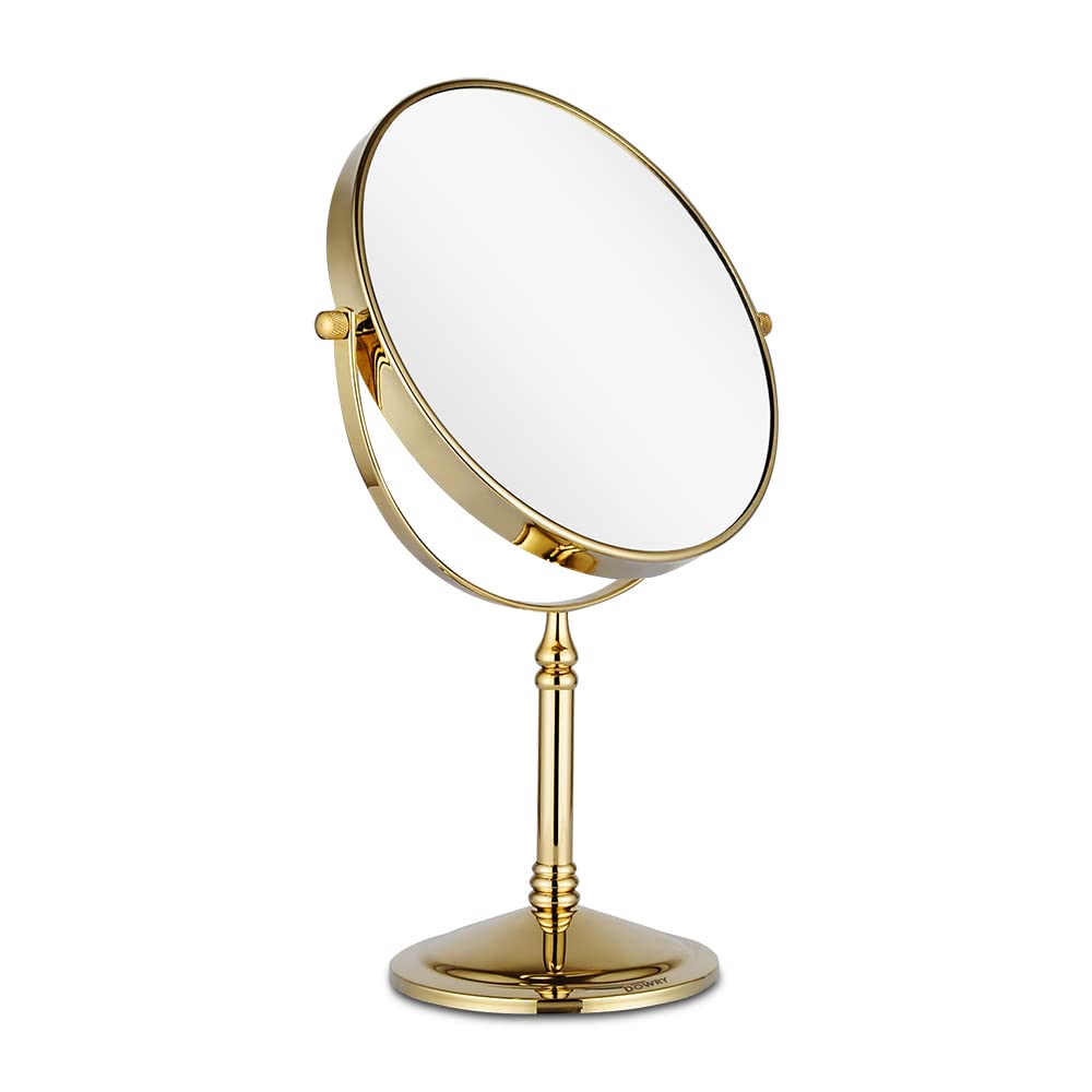 Miroir DOWRY 10x double-face en or, idéal pour les retouches précises.