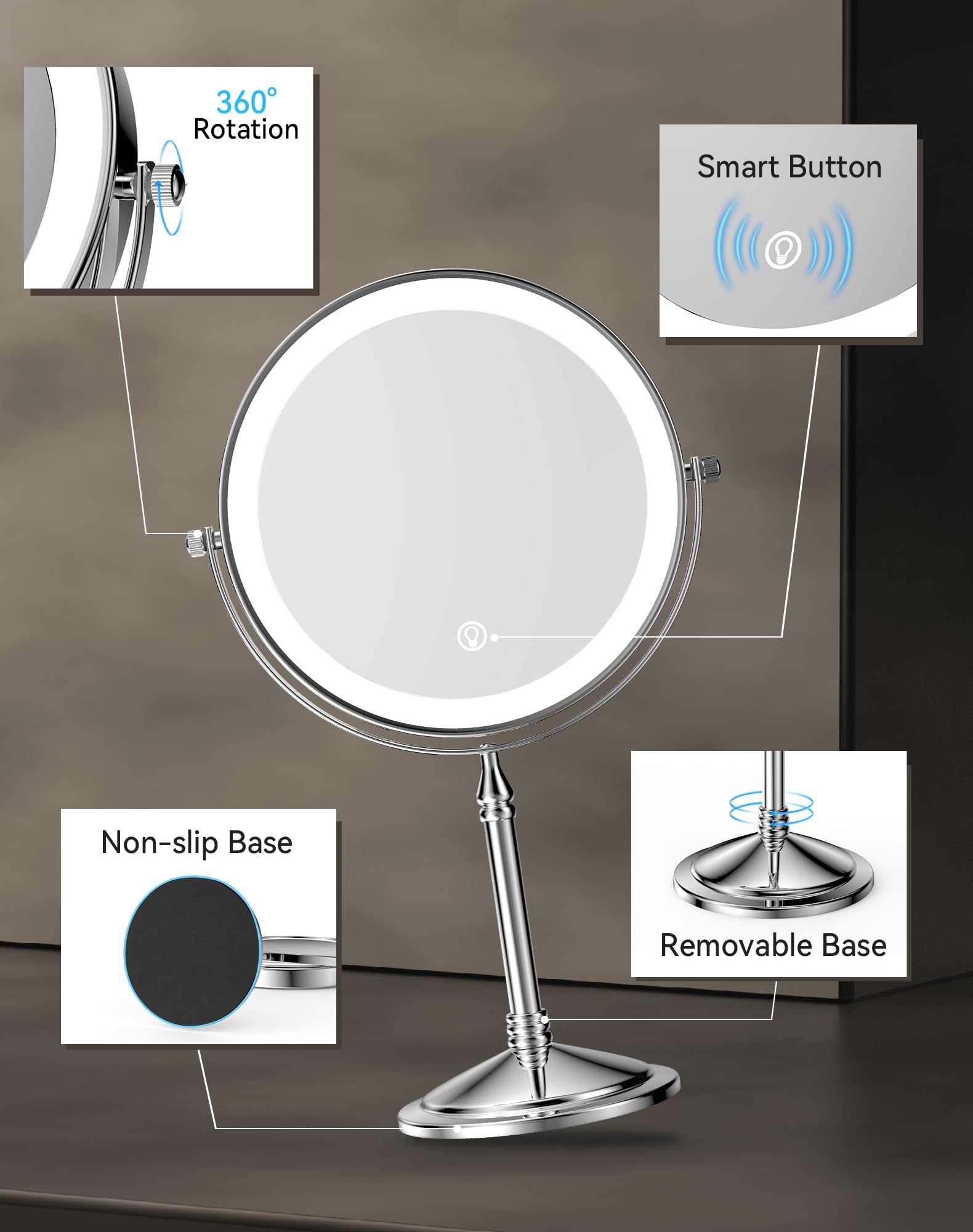 Dowry miroir double-face – base antidérapante pour stabilité.