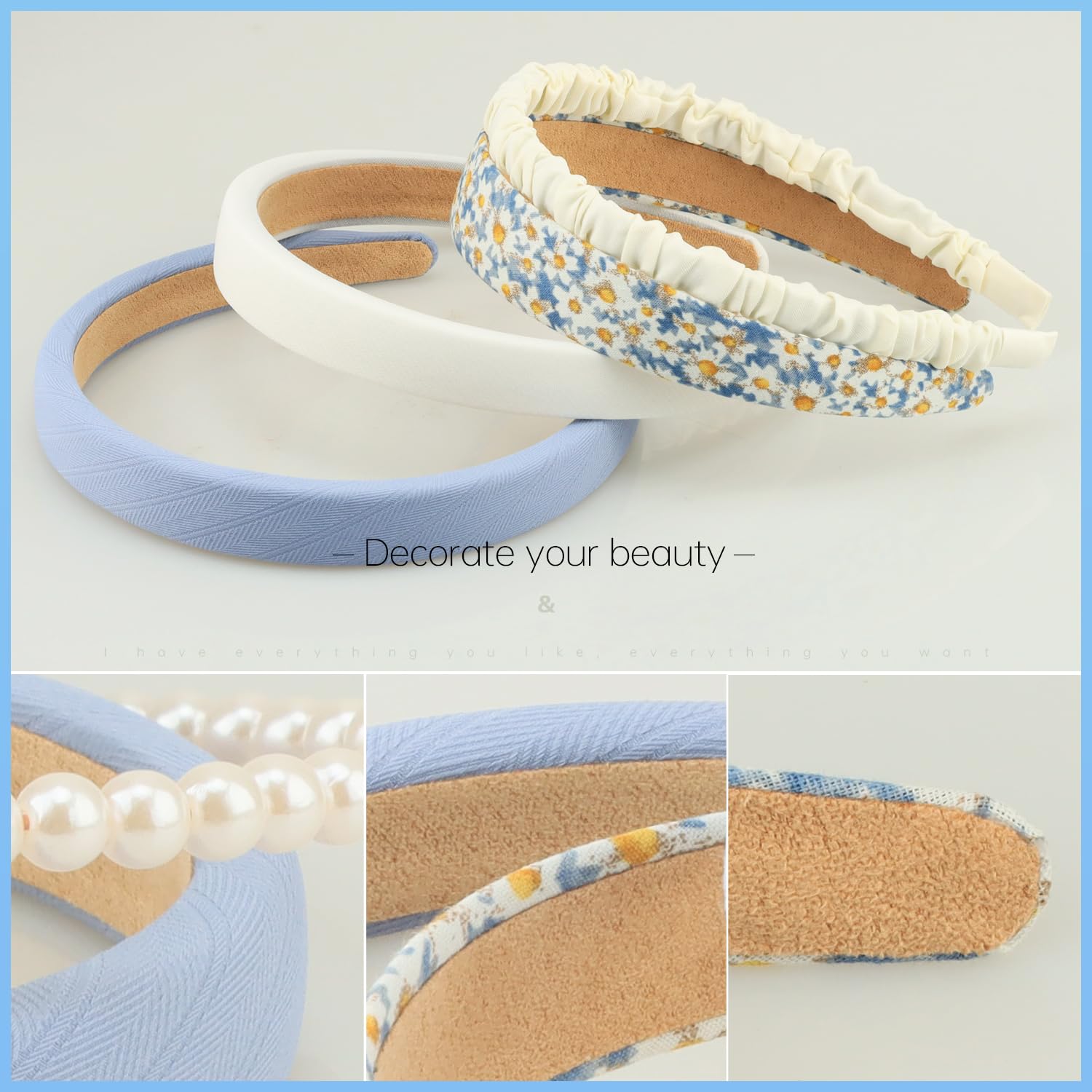 DOXISHRUKY serre-tête vintage large bleu, idéal pour rehausser une tenue chic.