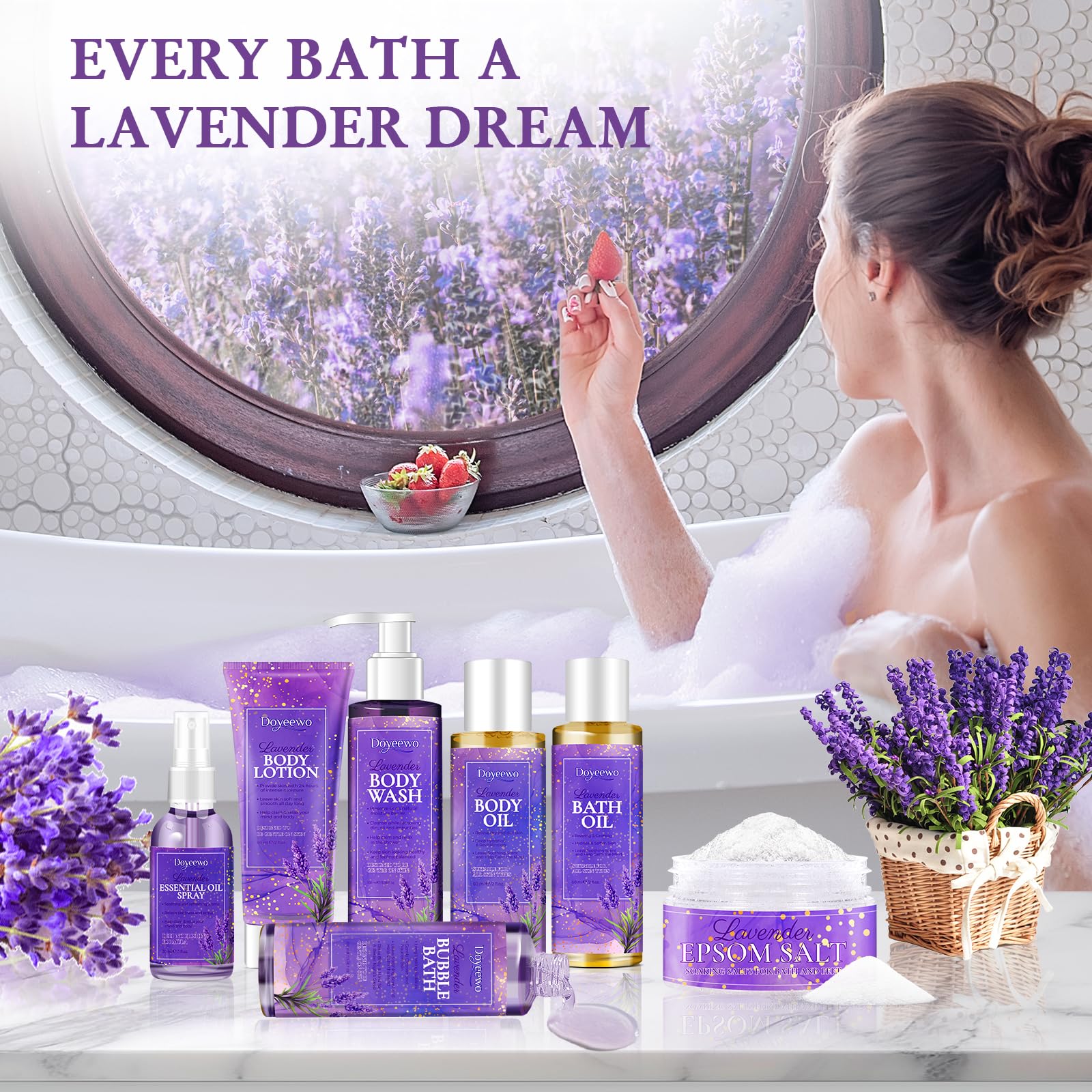 DOYEEWO huile-bain-lavande, texture soyeuse et hydratante pour peau douce.