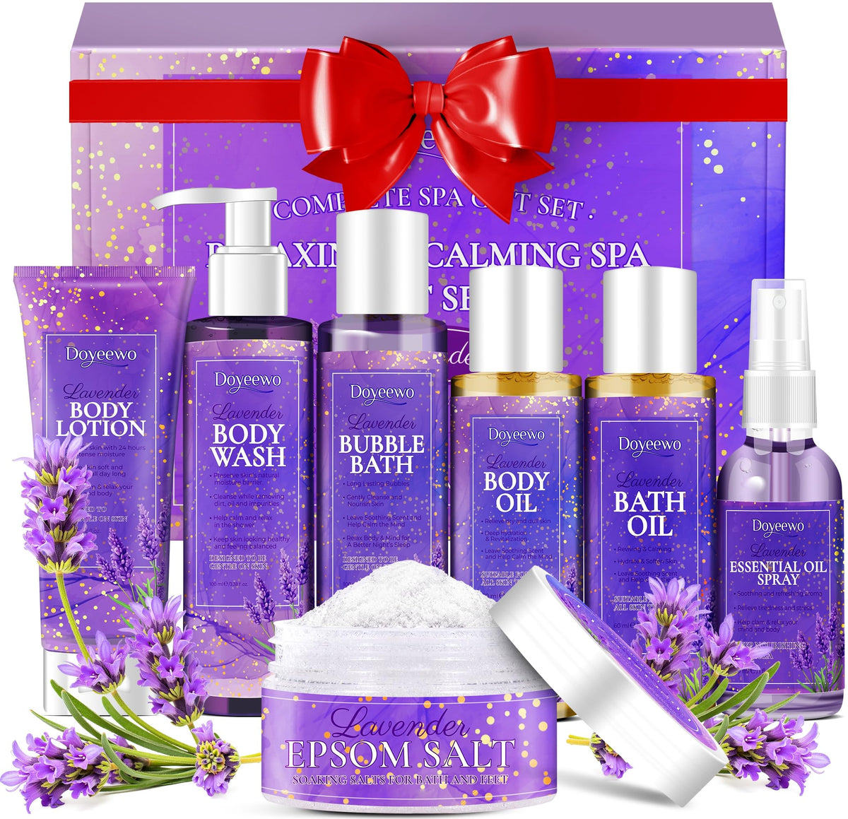 DOYEEWO coffret spa lavande 7 pieces, expérience sensorielle à domicile pour relaxation.