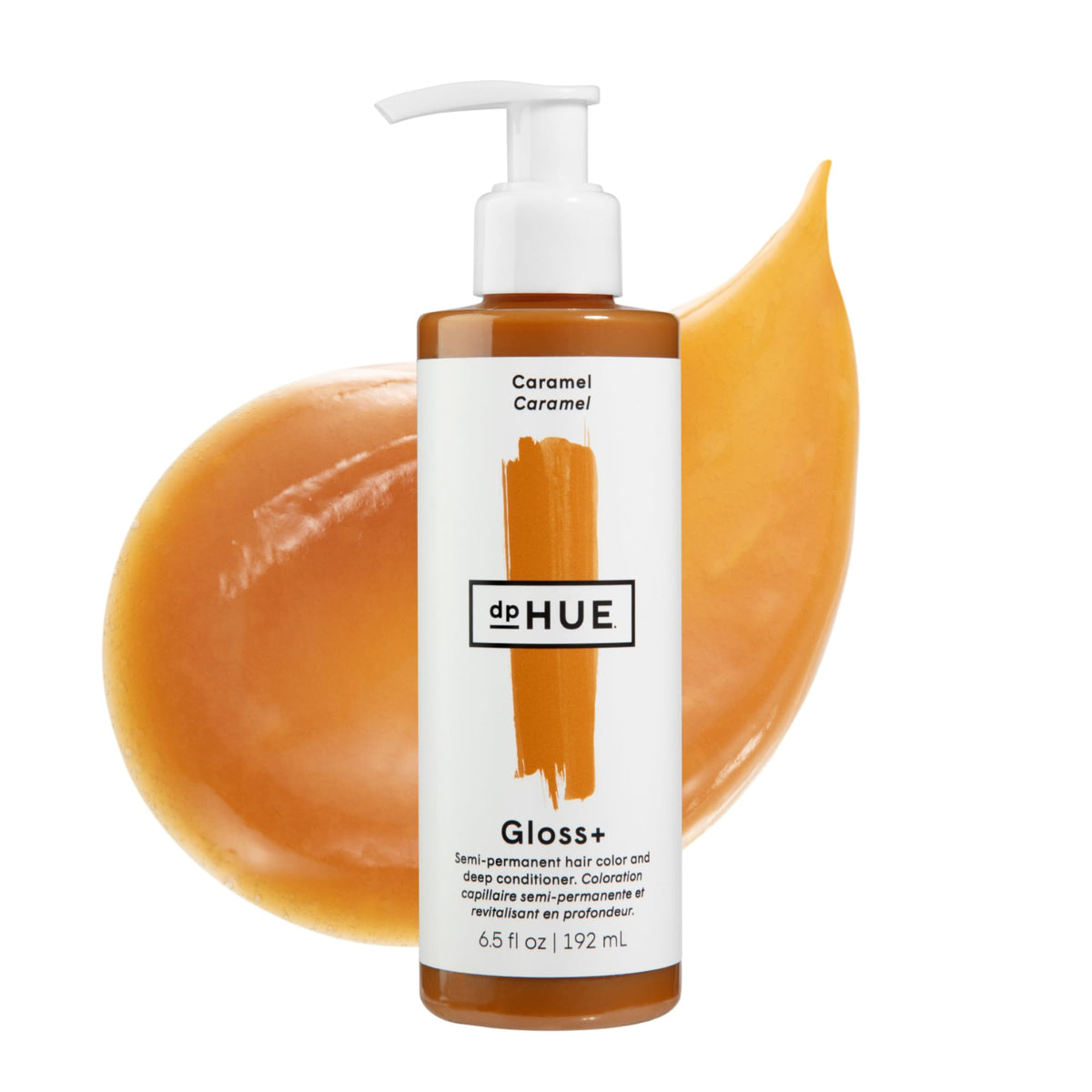 Bouteille dpHUE Gloss+ Caramel, teinte chaude et hydratante pour cheveux.