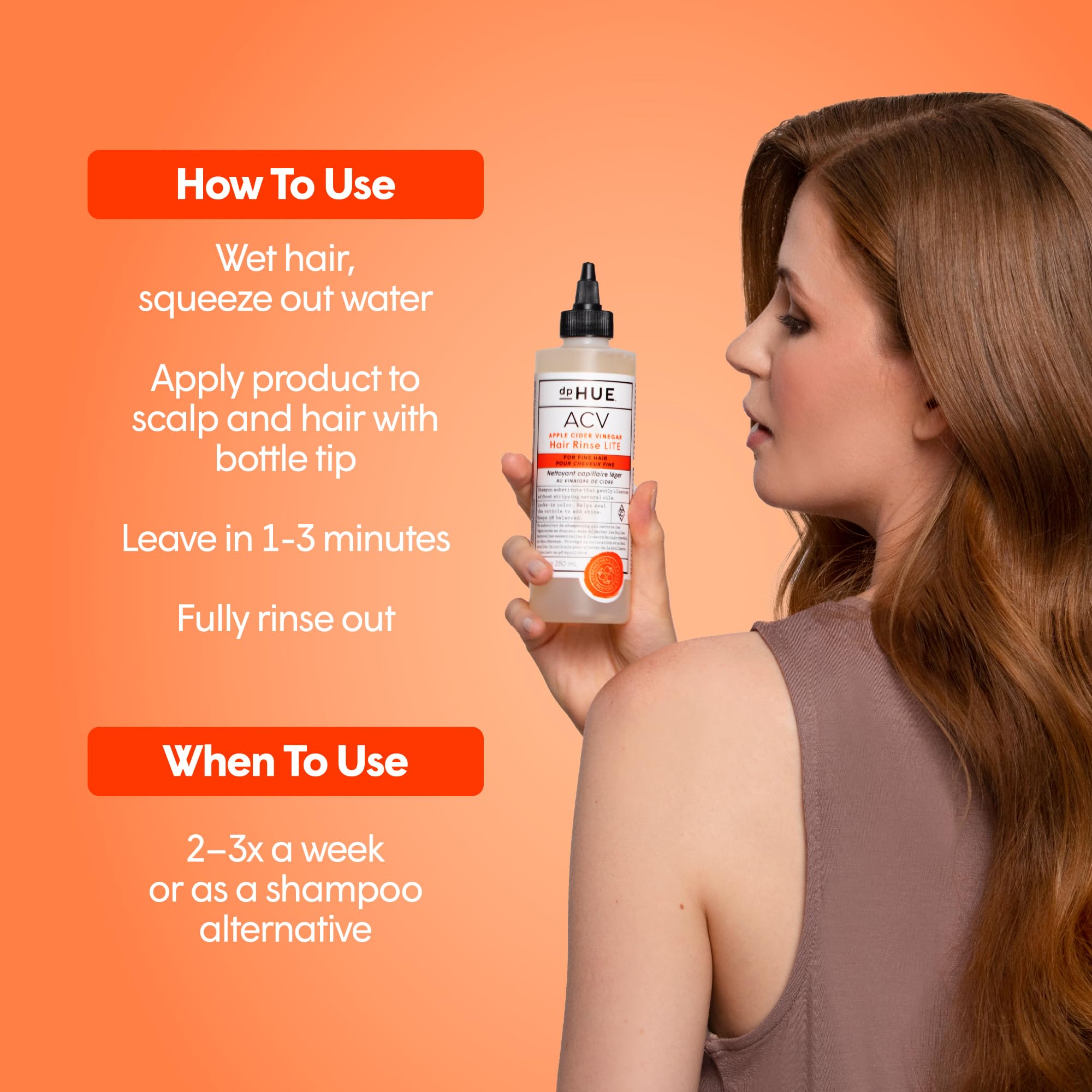 dpHUE Rinçage ACV couleur-safe: préserve la couleur et la brillance des cheveux.