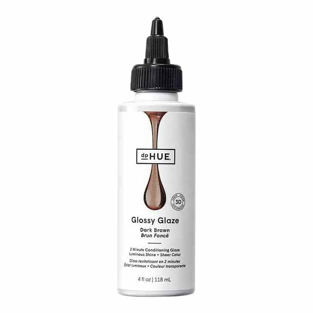 dpHUE Glossy Glaze brun foncé sur bouteille, brillance lumineuse sans alourdir les longueurs.