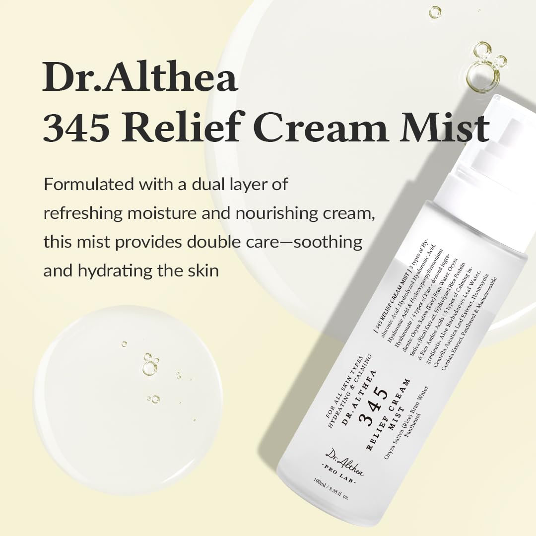 Dr.Althea 345 Relief Cream Mist, application spray-visage: douceur et soin quotidien.