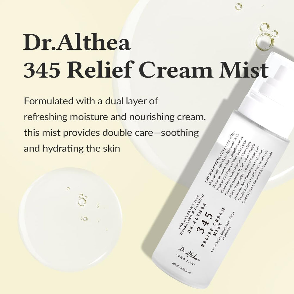Dr.Althea 345 Relief Cream Mist, application spray-visage: douceur et soin quotidien.
