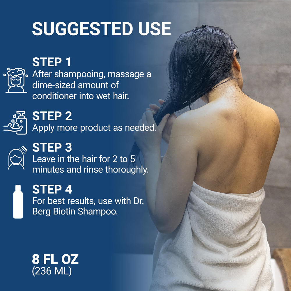 Dr. Berg Biotin Conditioner, brillance naturelle et longueurs revitalisées.