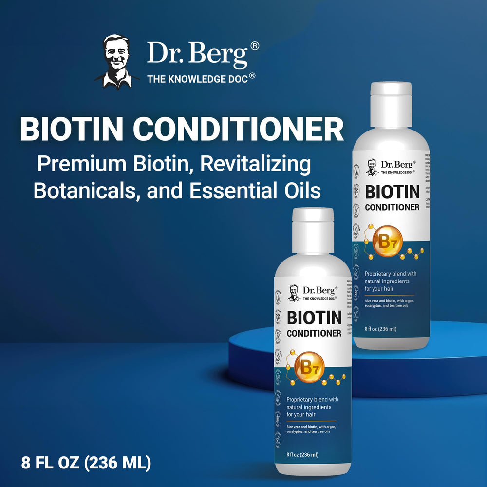 Dr. Berg Biotin Conditioner, extraits botaniques et menthe poivrée pour rafraîchir le cuir chevelu.