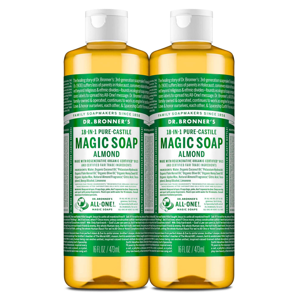 Dr. Bronner's Almond Castile montre la bouteille 473 ml, idéale pour un usage polyvalent.