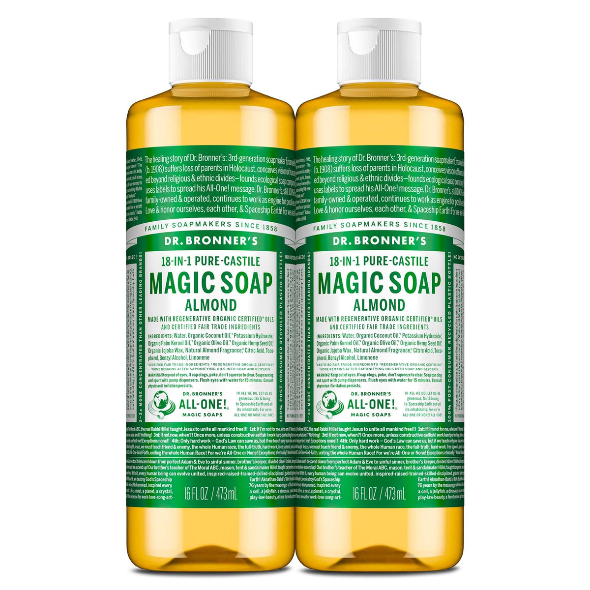 Dr. Bronner's Almond Castile montre la bouteille 473 ml, idéale pour un usage polyvalent.